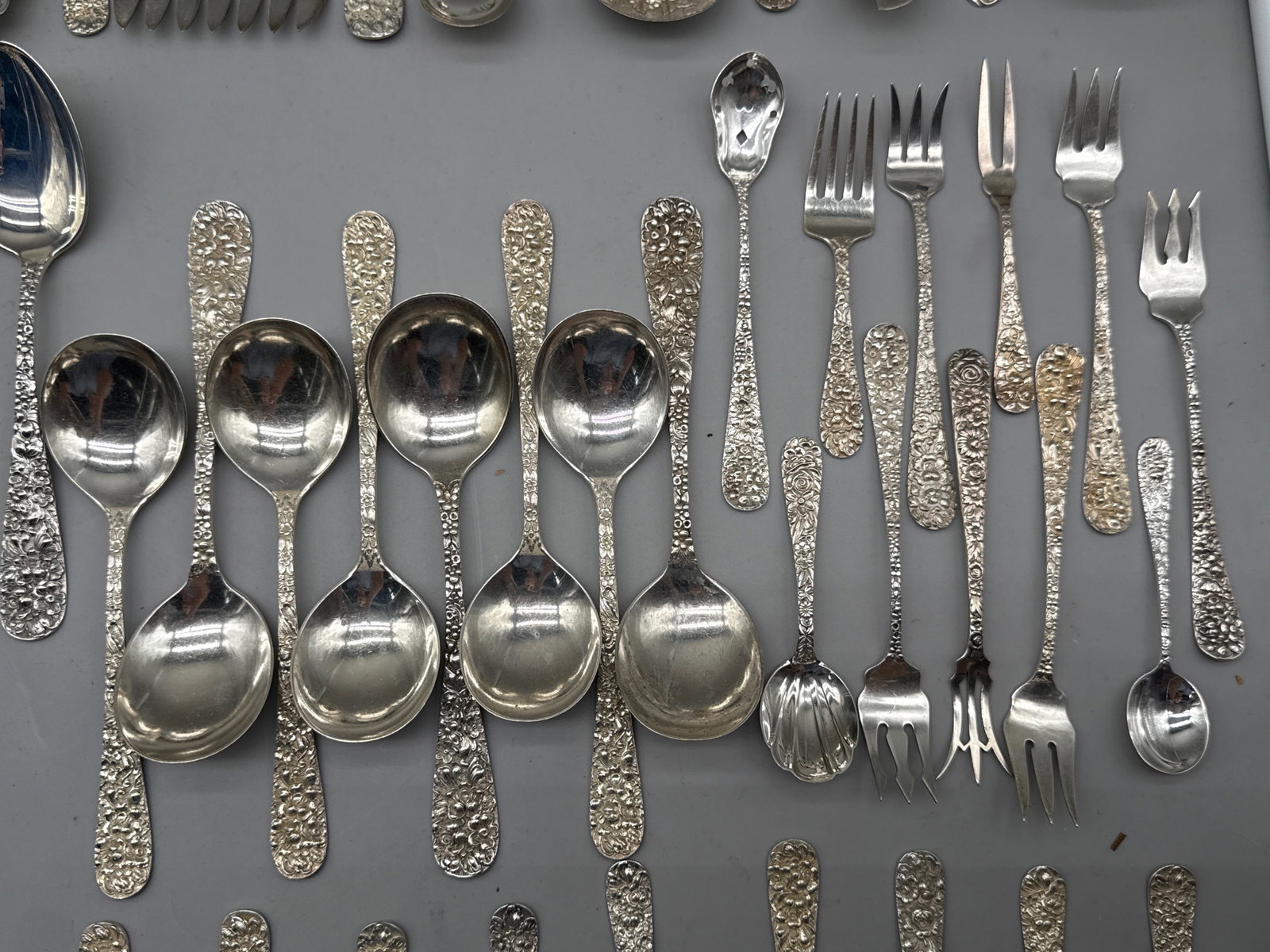 85 Pcs. Stieff Sterling Silver Chased Rose Flatware - 7
