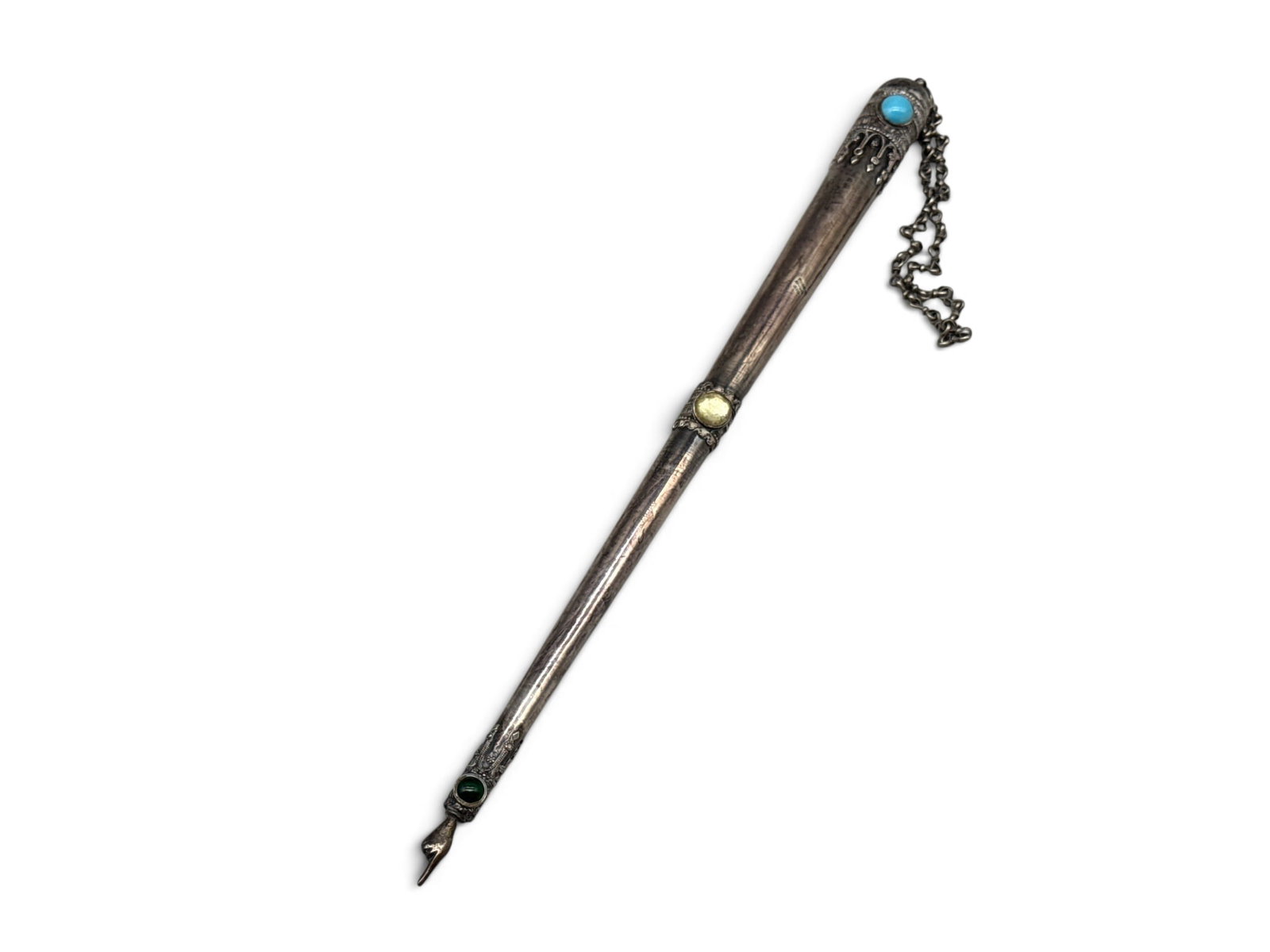 Israeli Silver and Stone Yad Pointer: An Israeli sterling silver yad pointer of tapering form decorated with a filigree border and inset turquoise and green-hued cabochons, with pointing finger. Marked Made in Israel 935. 13in long. |