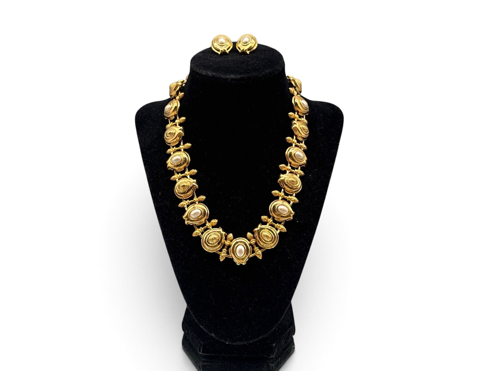 Fendi Costume Collar Necklace and Earrings: A Fendi costume gold-plated necklace with artichoke-form links and inset pearls, and a pair of matching clip-on earrings. Marked Fendi. 17in long. | You have additional shipping options, and are not