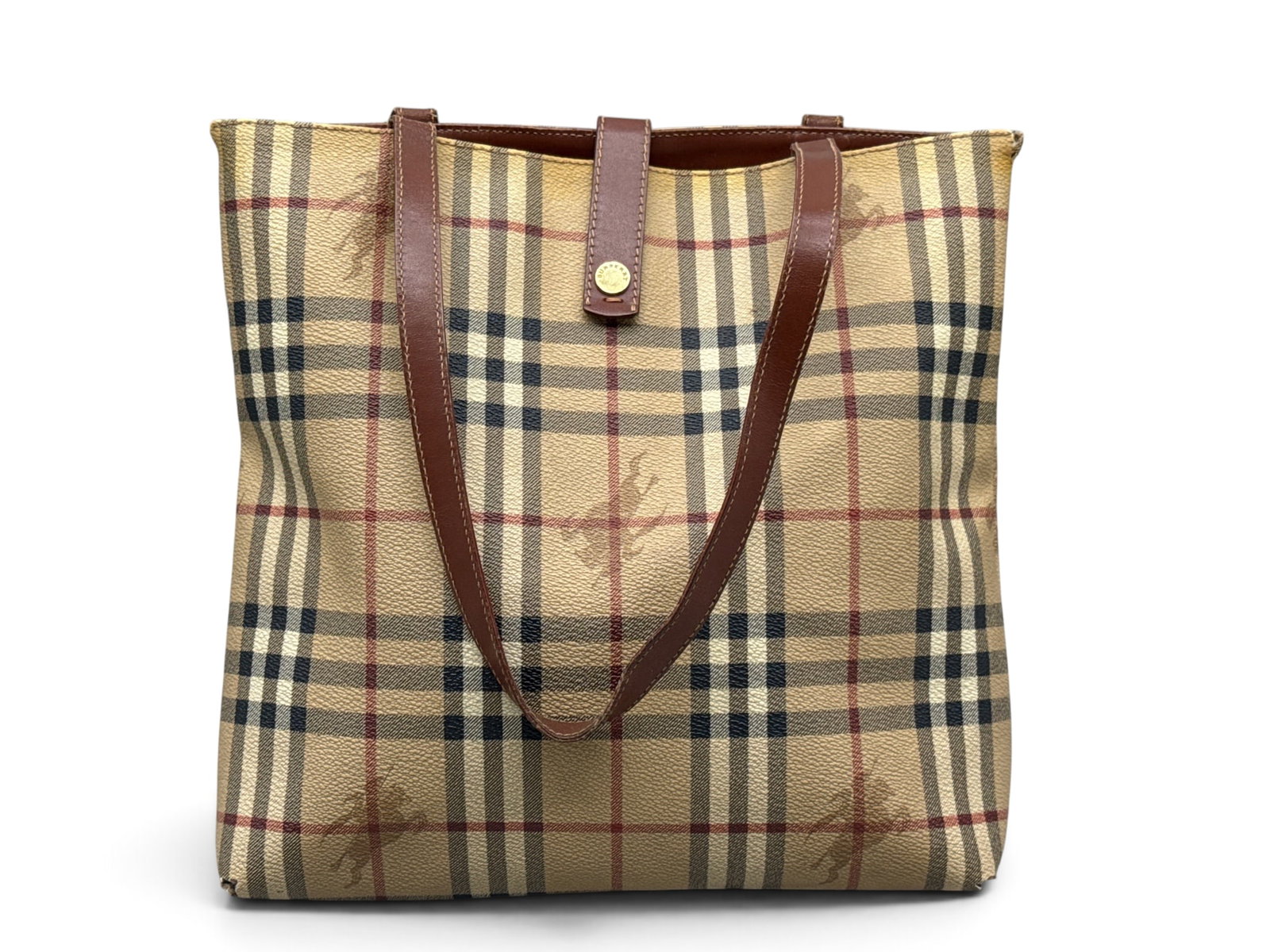 Burberry Haymarket Check Tote: A Burberry Haymarket tote with equestrian knight motif and iconic checked pattern. Marked Burberry on interior. 12in tall x 9in wide. | You have additional shipping options, and are not required to
