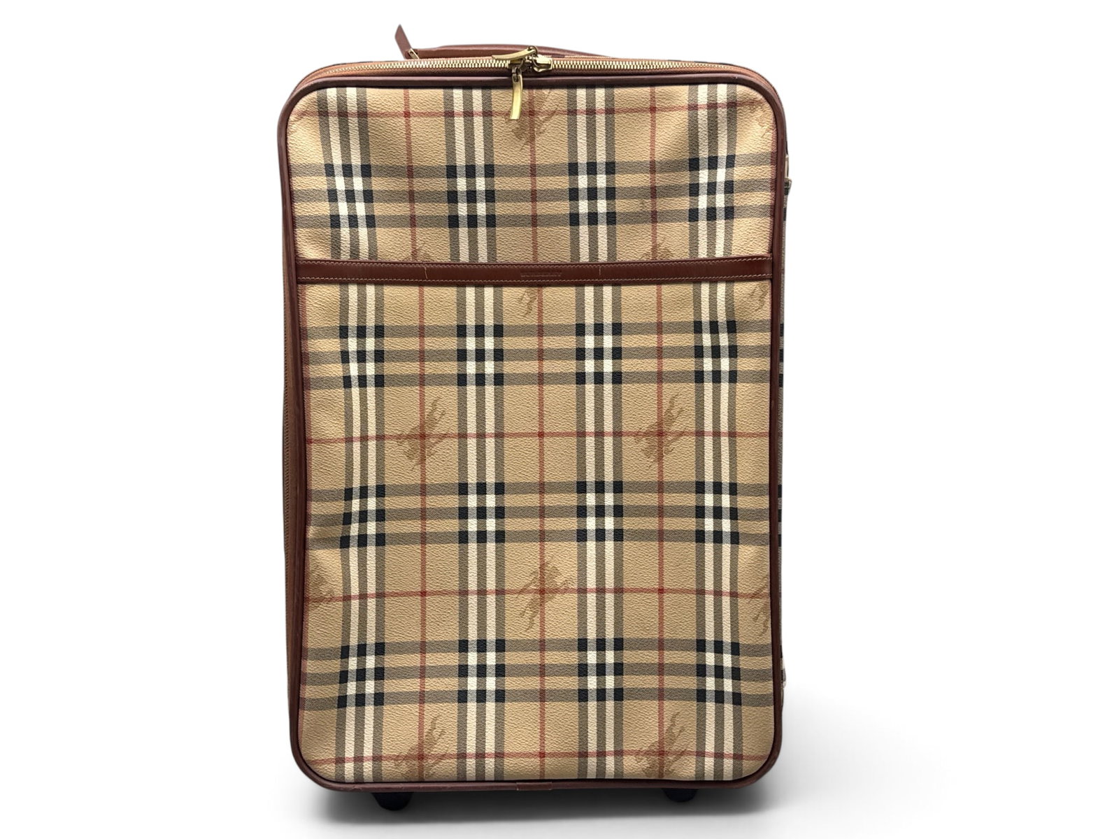 Burberry Haymarket Luggage: Burberry Haymarket rolling luggage with equestrian knight motif with checked background, with monogrammed and gold tone hardware. Burberry tag on interior. 20in tall x 14in wide. | You have