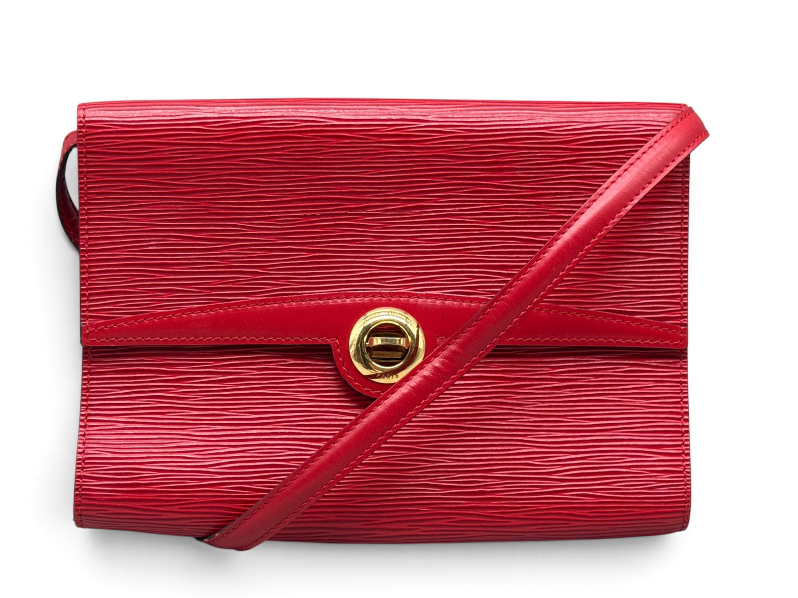 Louis Vuitton Epi Pochette Handbag: A Louis Vuitton red leather Epi Pochette handbag with circular gold-tone hardware. Interior is marked Louis Vuitton. 7in tall x 9in wide. | You have additional shipping options, and are not required