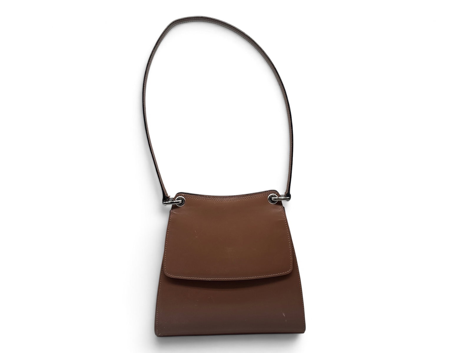 Bally Brown Structured Leather Handbag: A Bally brown structured leather handbag with silver-toned "B"-form hardware. Interior has Bally tag. 8-1/2in tall x 9in wide. | You have additional shipping options, and are not required to use Live
