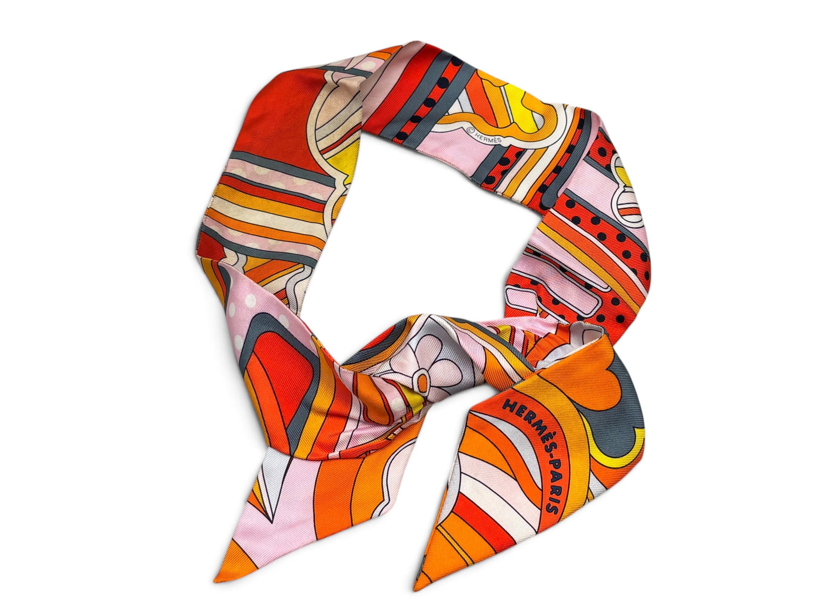 Hermes Twilly 86 Silk Scarf: An Hermes Twilly 86 silk scarf with vibrant, pop art design. Marked Hermes. 34in long. | You have additional shipping options, and are not required to use Live Shipping. Additional shipping and delive