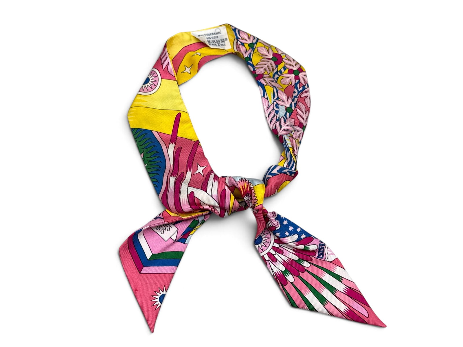 Hermes Twilly 86 Silk Scarf: An Hermes Twilly silk scarf in Source de Pegase print with botanical and horse motif. 34in long. | You have additional shipping options, and are not required to use Live Shipping. Additional shipping 