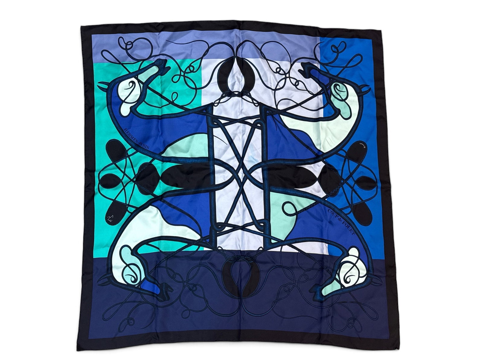 Hermes Paris Coup de Fouet Silk Scarf: An Hermes Paris Coup de Fouet silk scarf with abstracted horse design. 34-1/2in tall x 33in wide. | You have additional shipping options, and are not required to use Live Shipping. Additional shipping