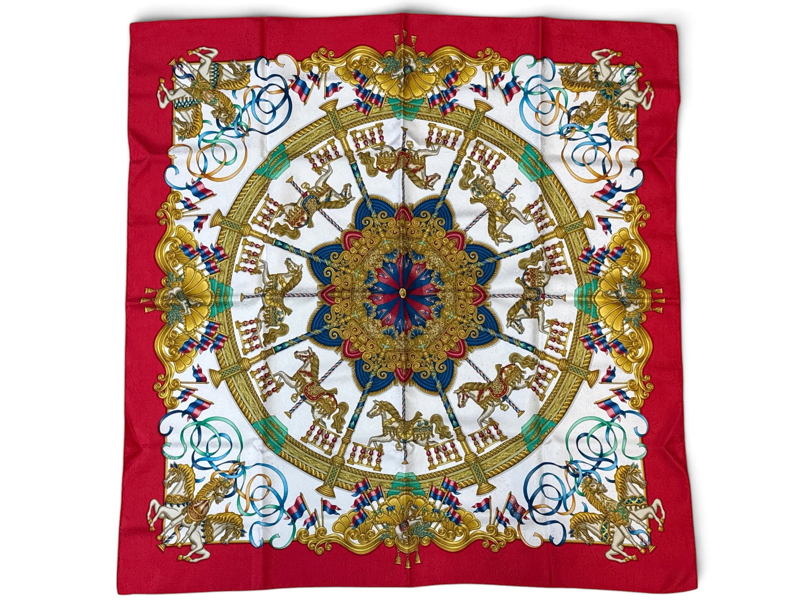 Hermes Paris Luna Park Silk Scarf: An Hermes Paris Luna Park silk scarf with carousel motif. Marked Hermes. Includes orange Hermes box. 34in tall x 34in wide. | You have additional shipping options, and are not required to use Live Shi
