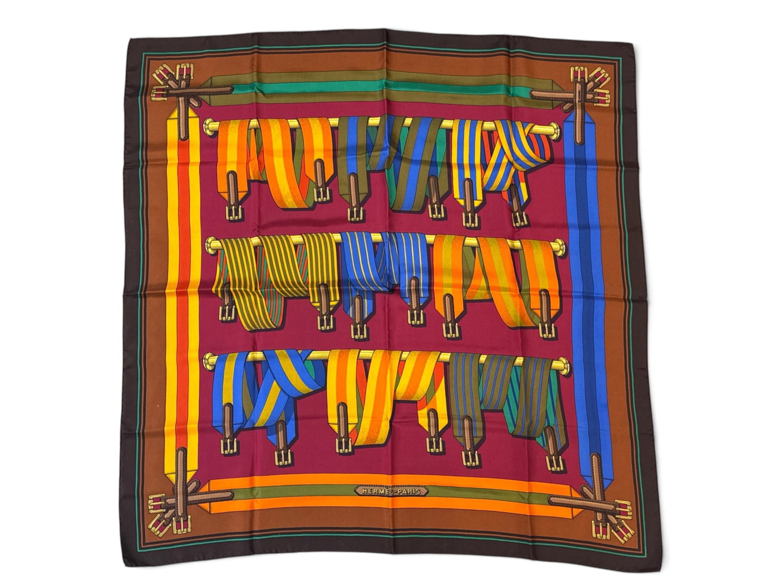Hermes Paris Les Sangles Silk Scarf: An Hermes Paris Les Sangles silk scarf with striped belt motif. Marked Hermes. Includes orange Hermes box and a brand product box. 34in tall x 34in wide. | You have additional shipping options, and ar
