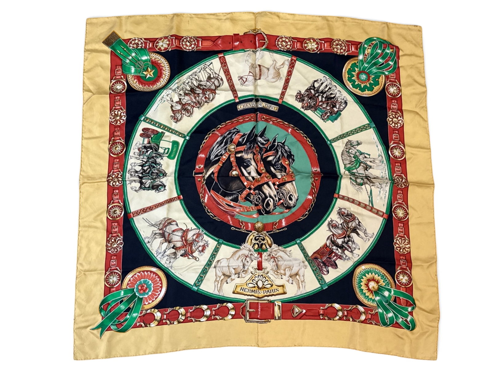 Hermes Paris Cheval de Trait Silk Scarf: An Hermes Paris Cheval de Trait silk scarf with horse motif. Marked Hermes. Includes Hermes orange gift bag. 33in tall x 34in wide. | You have additional shipping options, and are not required to use