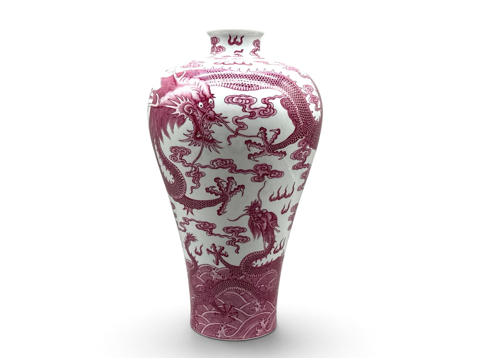 Chinese Meiping Pink-Glazed Dragon Vase: A Chinese Meiping porcelain vase with dragon motif in pink glaze. Seal mark. 15in tall x 7-1/2in wide. | You have additional shipping options, and are not required to use Live Shipping. Additional shi