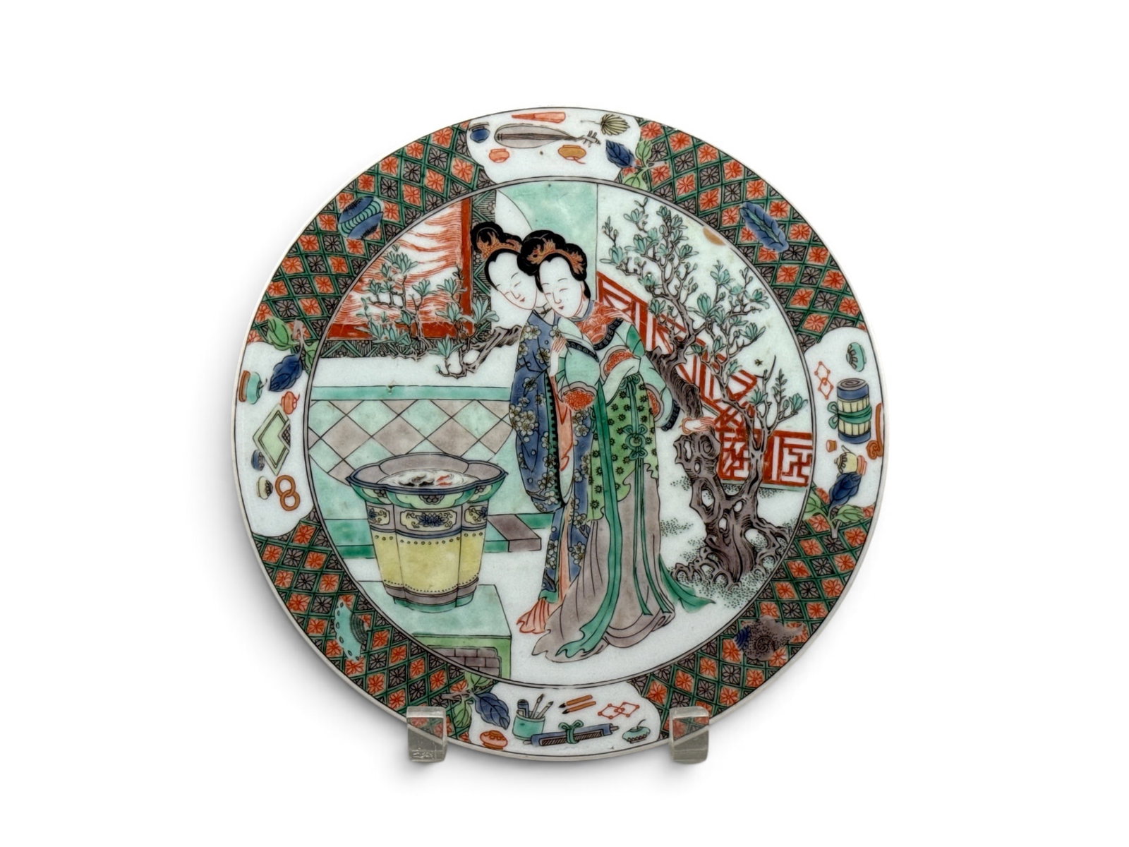 Chinese Porcelain Famille Verte Trivet: A Chinese porcelain famille verte trivet with genre scene and koi pond decoration. 9in diameter. | You have additional shipping options, and are not required to use Live Shipping. Additional shipping 