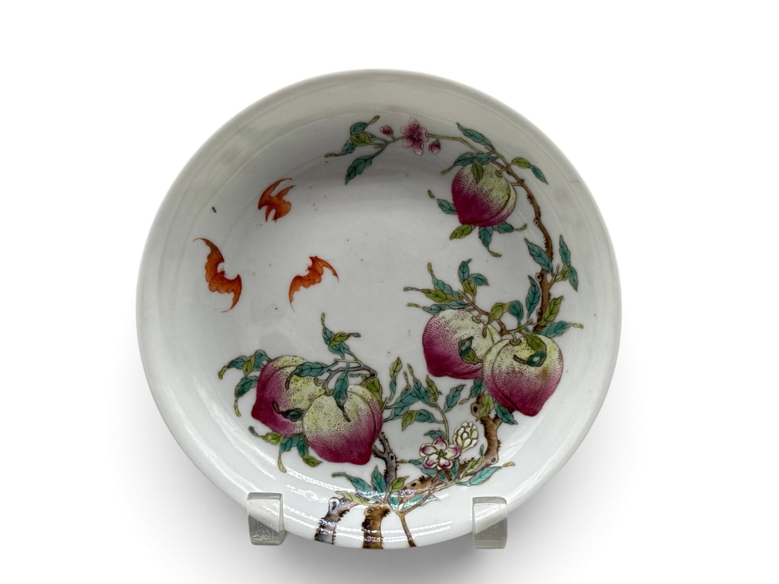 Chinese Famille Rose Peaches and Bat Dish: A Chinese famille rose porcelain peaches and bat dish with a six-character mark on underside. 7-1/2in diameter. | You have additional shipping options, and are not required to use Live Shipping.