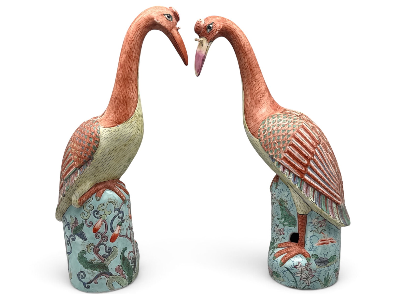 Two Chinese Export Crane Figures: A pair of Chinese export crane figures with botanical and frog motifs. 18in tall x 5in wide. | You have additional shipping options, and are not required to use Live Shipping. Additional shipping and