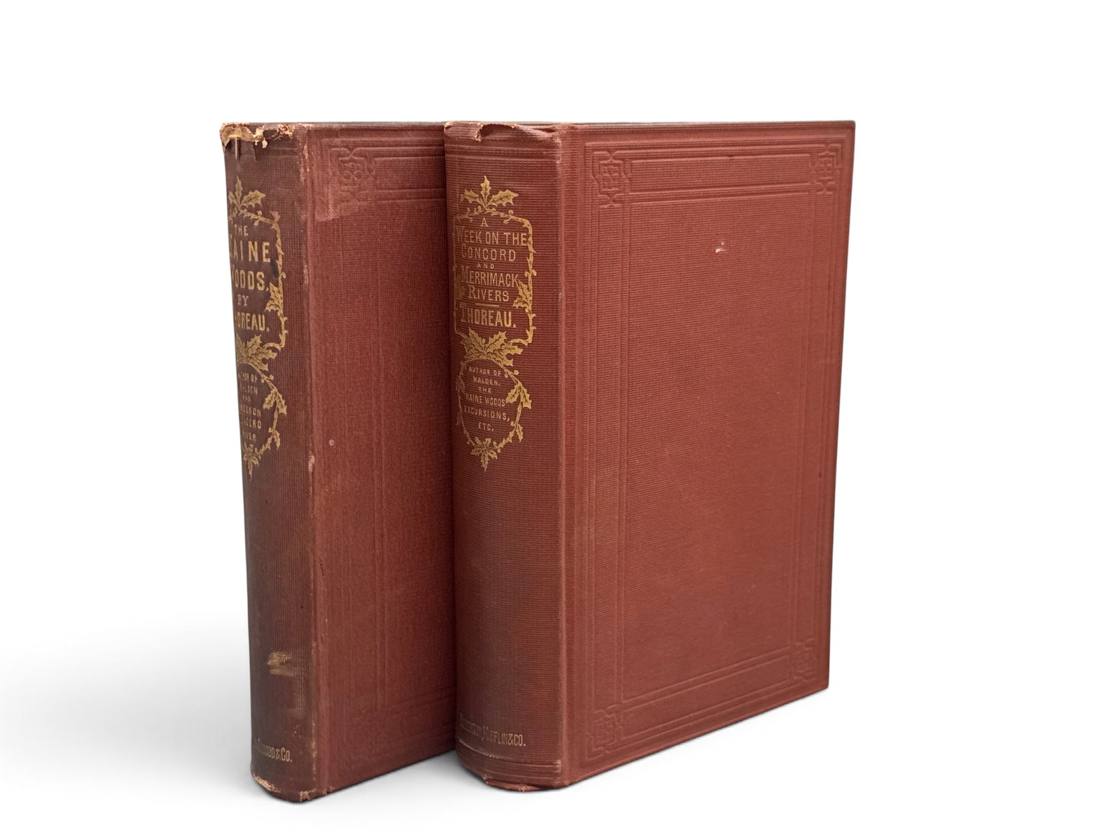 Two Henry Thoreau Works: Maine Woods, Week on Concord: "The Maine Woods" and "A Week on the Concord and Merrimack Rivers" by Henry Thoreau. Boston: Houghton, Osgood, and Company, The Riverside Press, Cambridge, 1878 and 1880 respectively. 7in tall x 5in