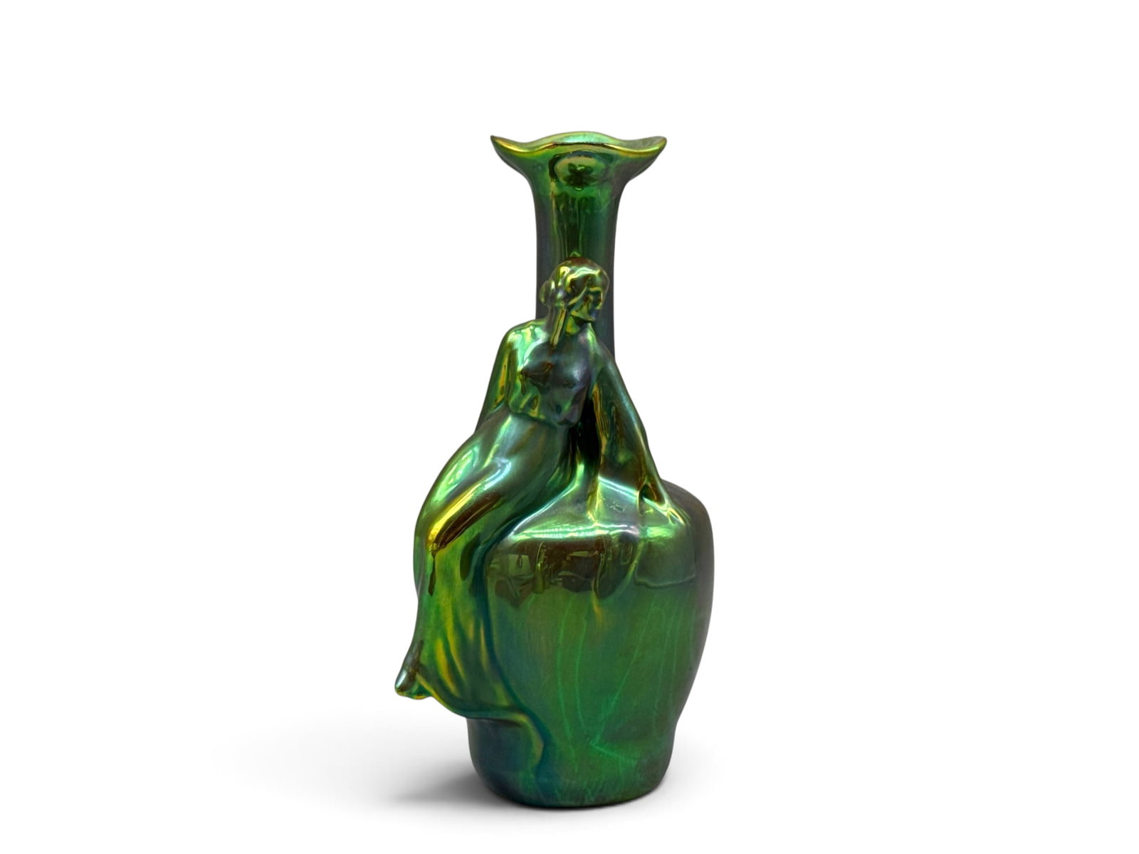 Zsolnay Eosin Figural Vase: Zsolnay Eosin of Hungary Art Nouveau porcelain vase in an iridescent green glaze with figural woman draped around the neck. Marked. 9-1/2in tall x 4in wide. | You have additional shipping options, and