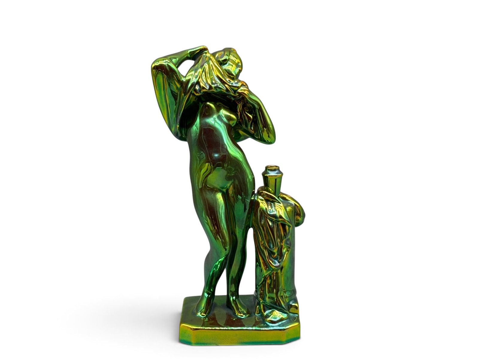 Zsolnay Eosin Iridescent Nude Figurine: A Zsolnay Eosin of Hungary porcelain figure of a woman disrobing with an iridescent green glaze. 11in tall x 5in wide. | You have additional shipping options, and are not required to use Live