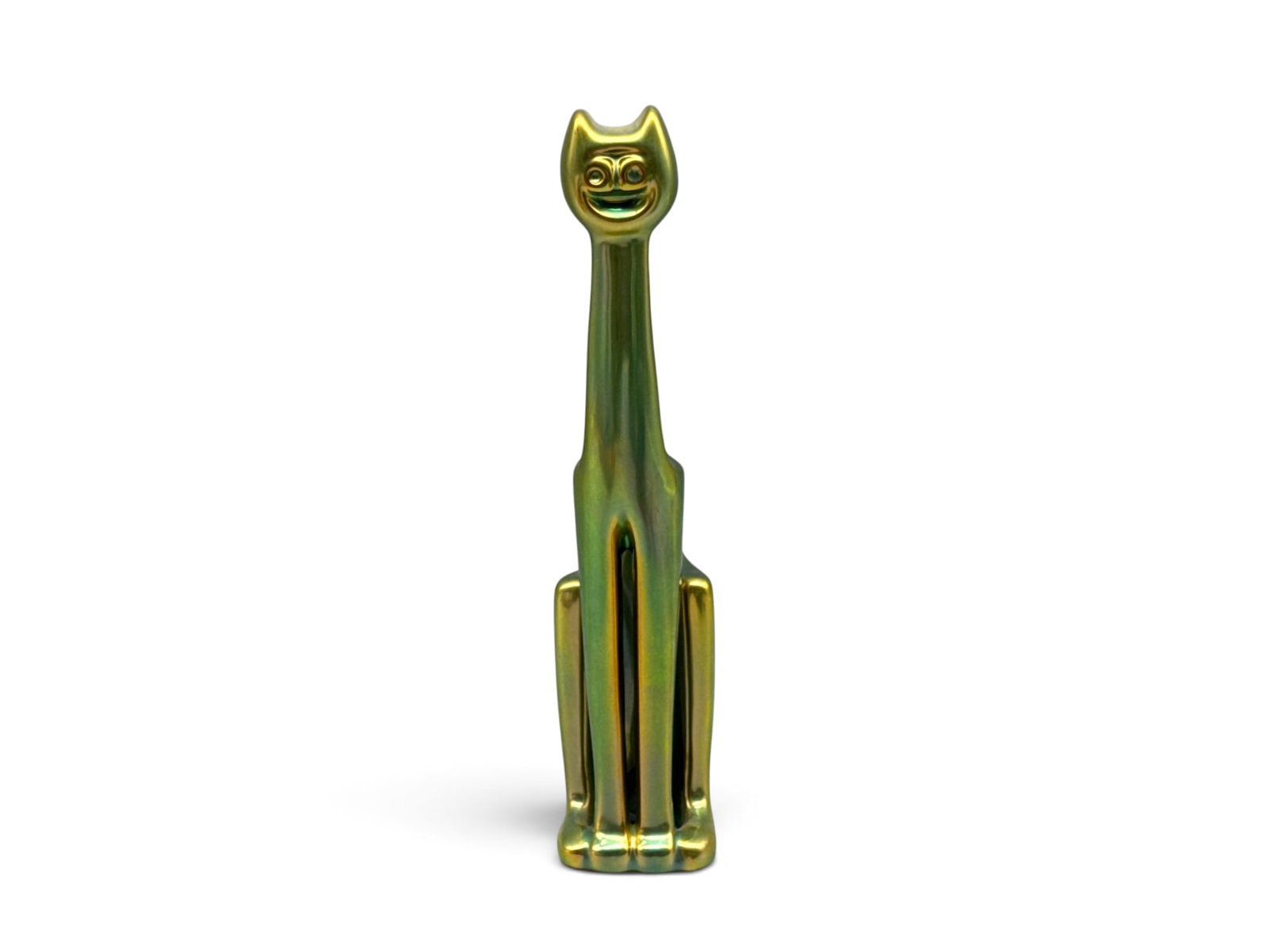 Zsolnay Eosin Iridescent Cat Figure: A Zsolnay of Hungary porcelain cat figure with iridescent green glaze. Marked Zsolnay of Hungary. Base is not signed. 9-1/2in tall x 2in wide. | You have additional shipping options, and are not requi