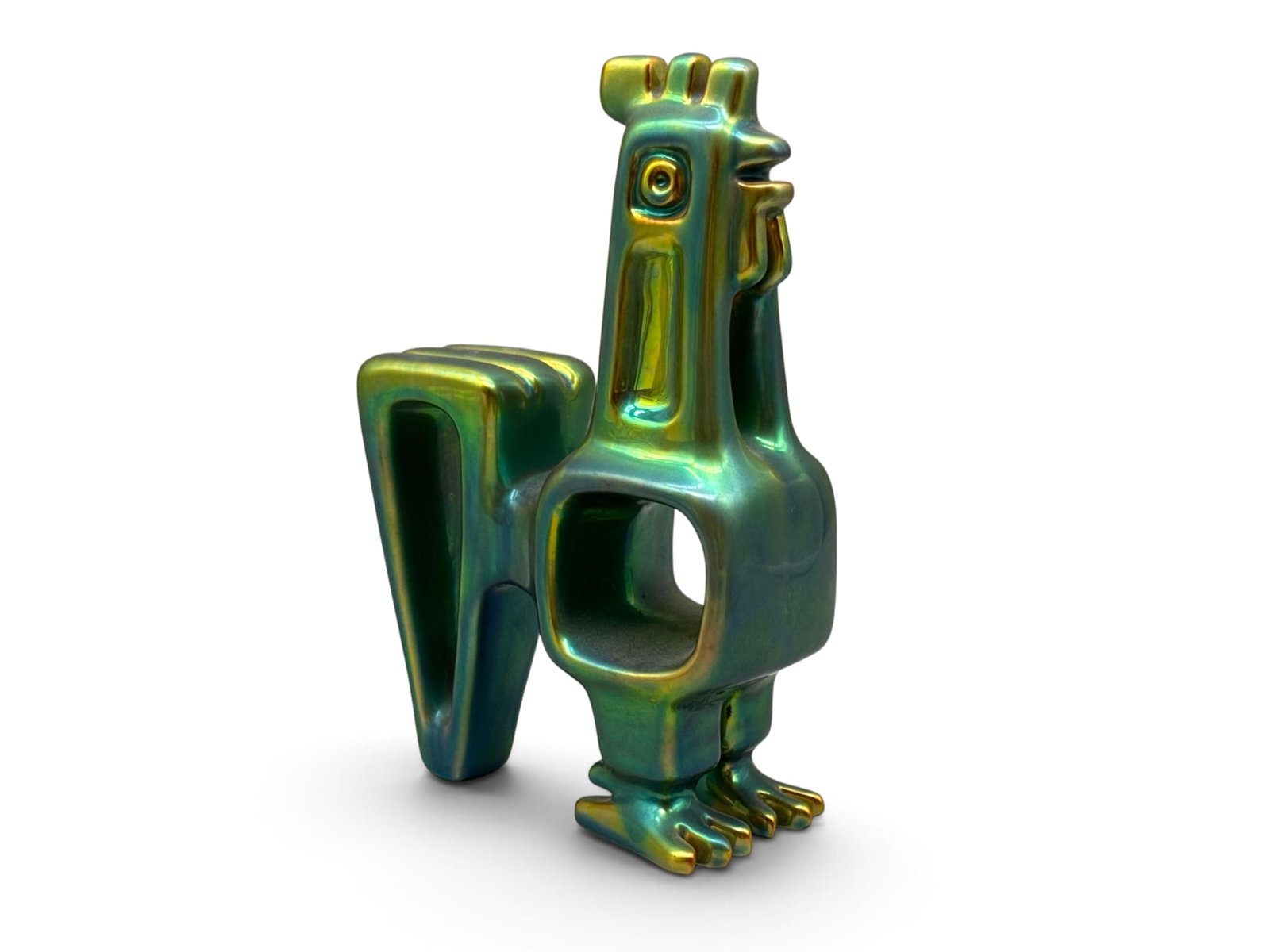 Zsolnay Eosin Iridescent Rooster Figure: A Zsolnay Eosin of Hungary porcelain rooster figure with a green iridescent glaze. Marked Zsolnay of Hungary. 8-1/2in tall x 6in wide. | You have additional shipping options, and are not required to