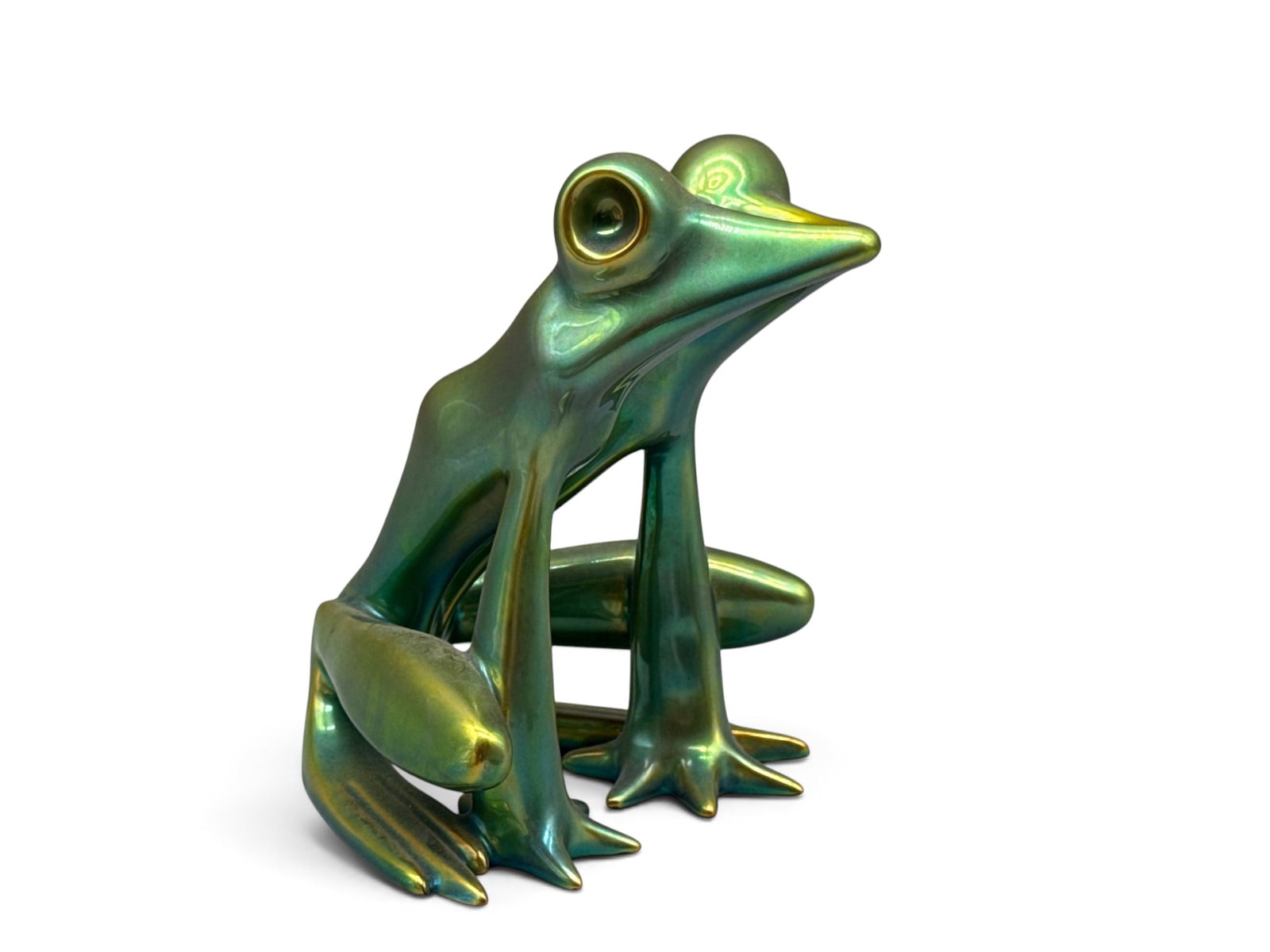 Zsolnay Eosin Iridescent Frog Figure: A Zsolnay Eosin of Hungary porcelain frog figure with a green iridescent glaze. Marked Zsolnay of Hungary. 6in tall x 5in wide. | You have additional shipping options, and are not required to use