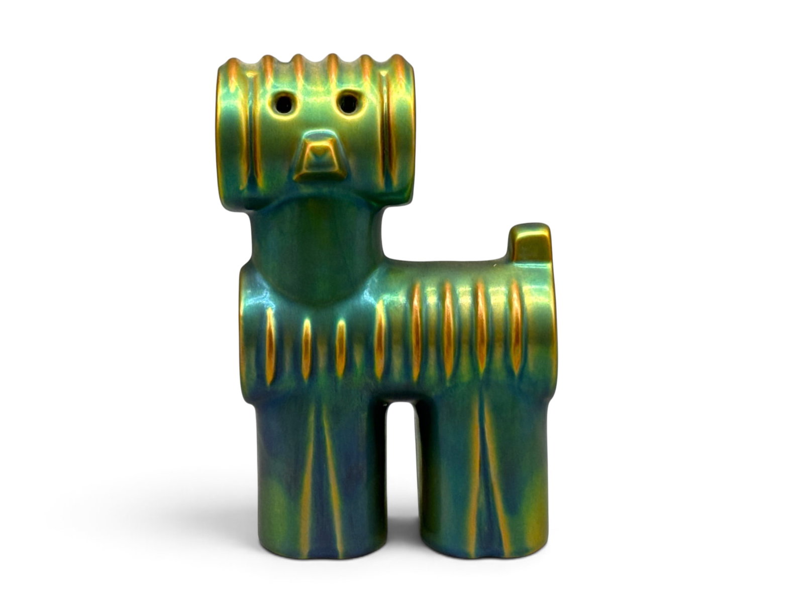 Zsolnay Eosin Iridescent Dog Figure: A Zsolnay Eosin of Hungary porcelain modernist dog figure with a green iridescent glaze. Marked Zsolnay of Hungary. 7in tall x 5in wide. | You have additional shipping options, and are not required