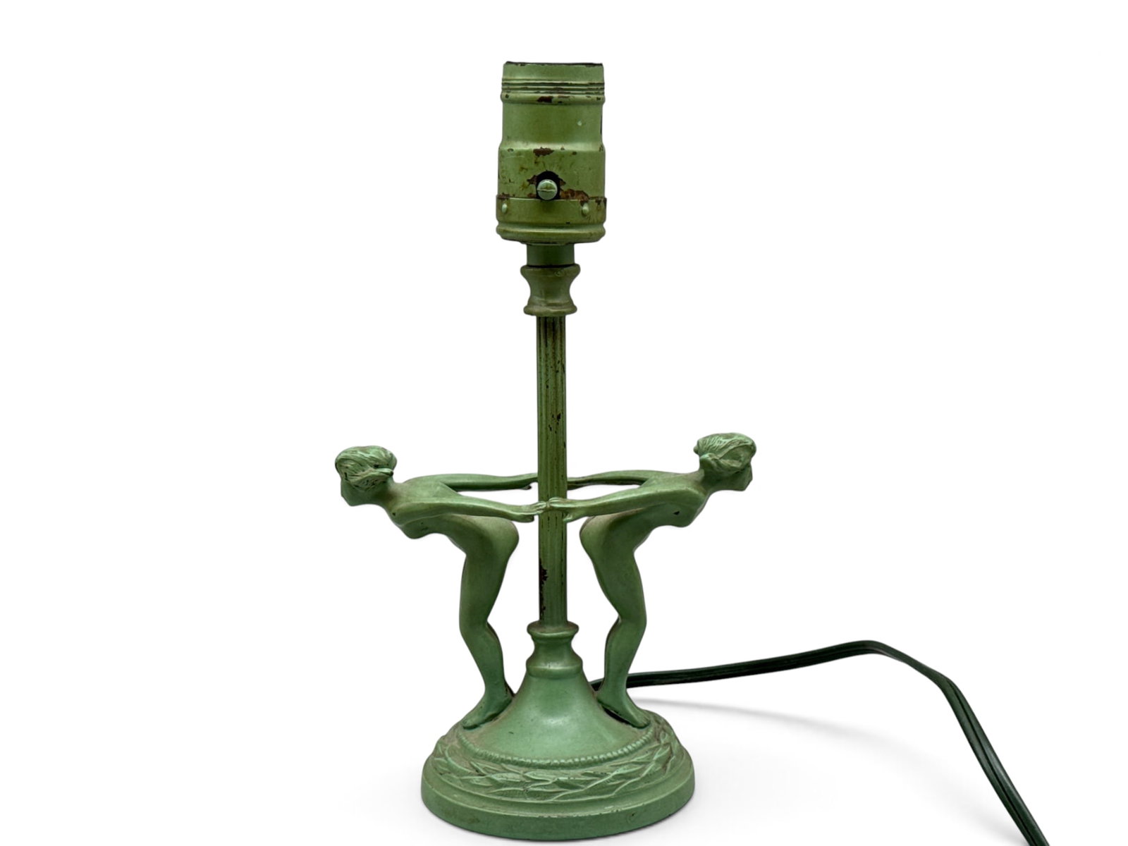 Frankart-style Art Deco Figural Lamp: A Frankart-style Art Deco green-painted metal lamp with mirrored figures of flapper women. 9in tall x 5in wide. | You have additional shipping options, and are not required to use Live Shipping. Addit