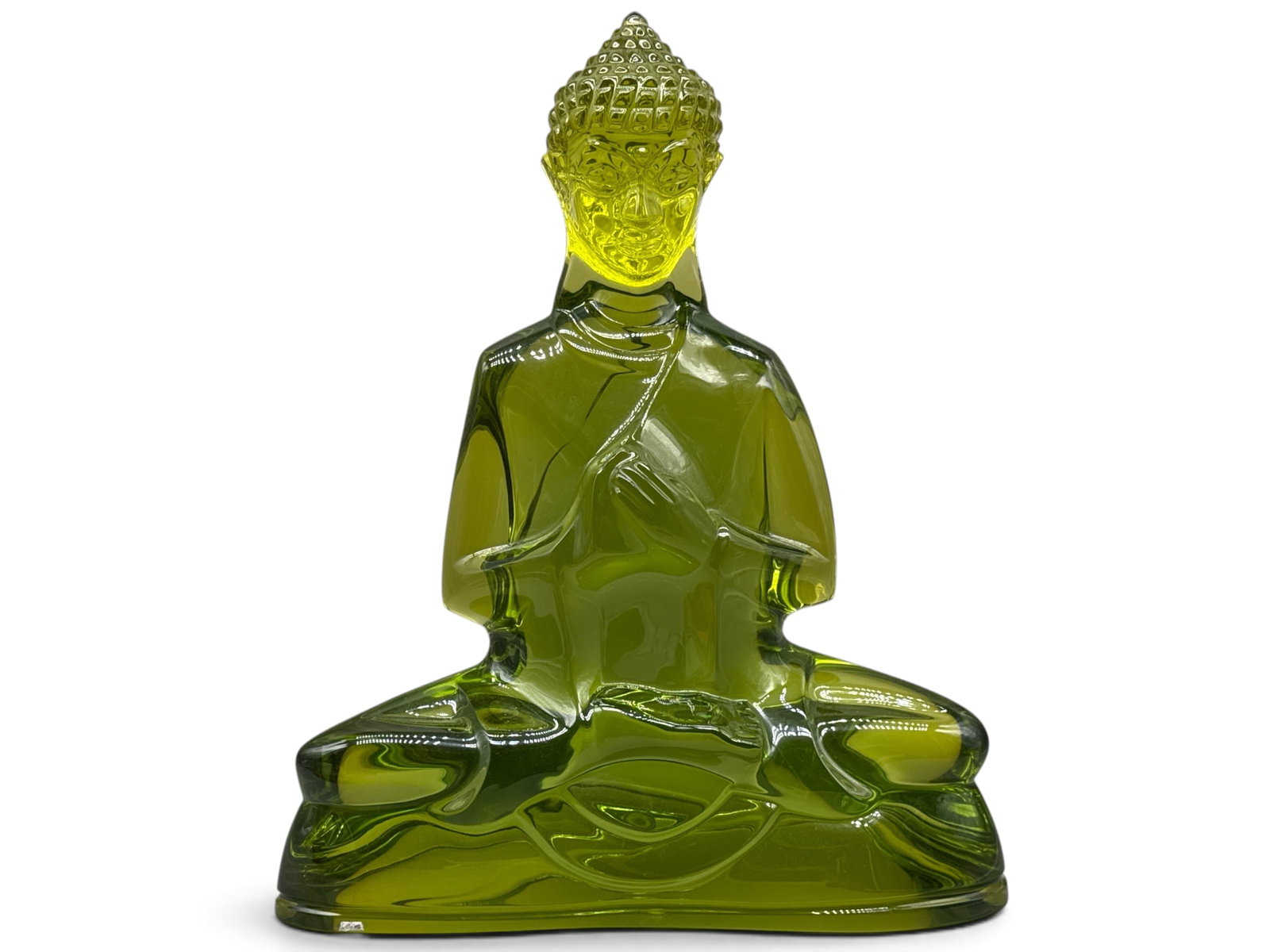 Shlomi Haziza Acrylic Buddha Sculpture: Shlomi Haziza (Israeli/American, b. 1969). A table-top acrylic sculpture of a citrine-hued seated Buddha with folded hands. Signed lower left. 19in tall x 14in wide. | You have additional shipping