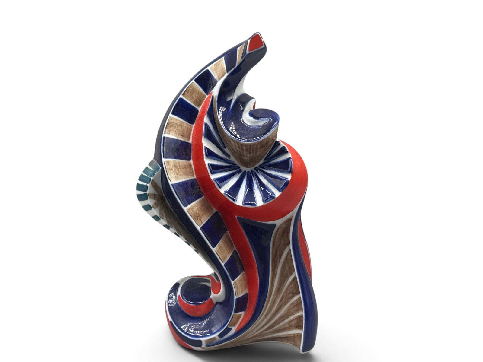 Sargadelos Porcelain Abstract Sculpture: A Sargadelos porcelain sculpture of modernist form with abstract painted decoration. Marked Sargadelos, P.E. 11in tall x 6in wide. | You have additional shipping options, and are not required to use