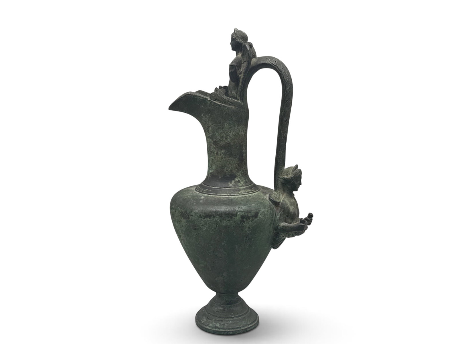 19th C. Grand Tour Verdigris Bronze Ewer: A 19th C. Grand Tour bronze ewer with verdigris finish and neoclassical figures at rim and handle. 13in tall x 6in wide. | You have additional shipping options, and are not required to use Live Shippi