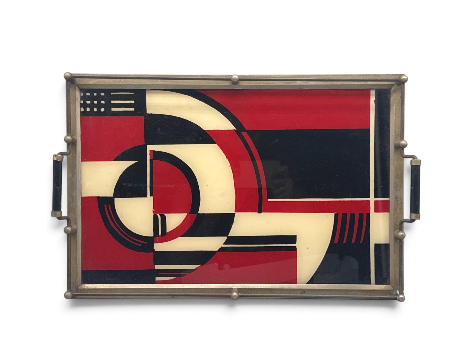 1930s Art Deco Jazz Tray Serving Platter: A 1930s Art Deco jazz tray with cubist-style reverse-painted glass surface, brass edges, and wooden handles. 2in tall x 19in wide. | You have additional shipping options, and are not required to use L