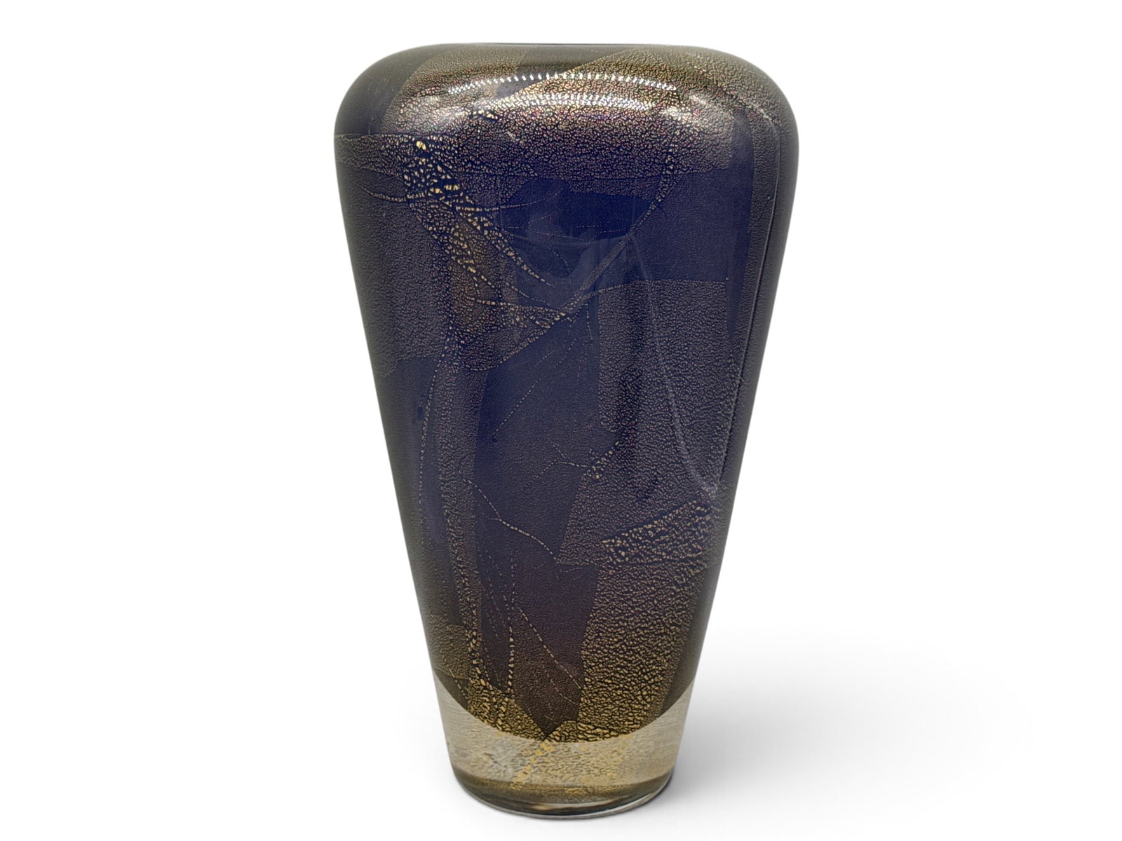 Laura Diaz Santillana Venini Murano Glass Vase: A Laura Diaz de Santillana (Italian, 1955-2019) Venini produced Murano glass vase of tapering form with purple background and gold flecked detail. Signed. Venini sticker is present. 13-1/2in tall x 7i