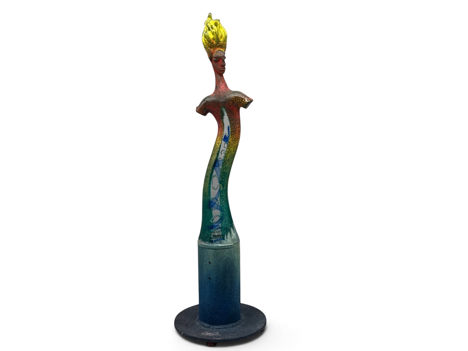 Kjell Engman Kosta Boda Figural Light Sculpture: Kjell Engman for Kosta Boda art glass lamp of figural form with interlocking helix interior and flame form hair. Signed. 23in tall x 7in wide. | You have additional shipping options, and are not requi