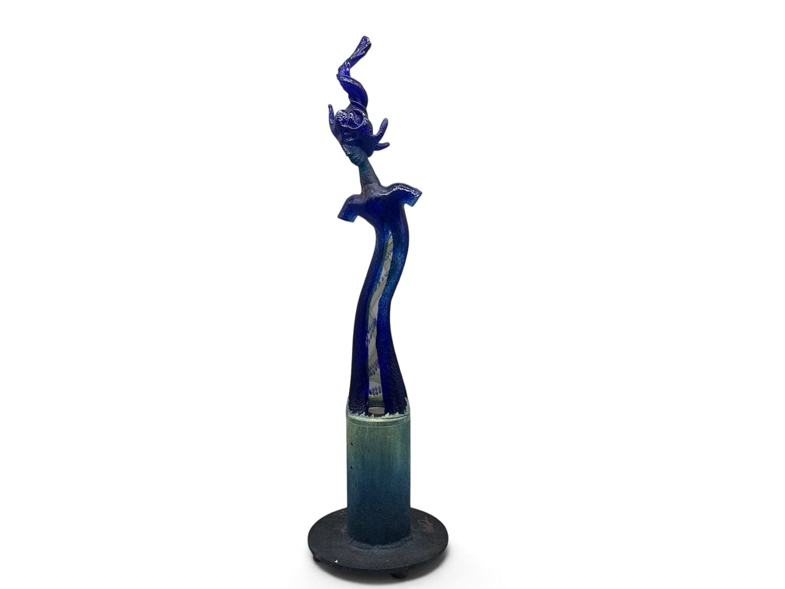 Kjell Engman Kosta Boda Figural Light Sculpture: Kjell Engman for Kosta Boda art glass lamp of figural form with interlocking helix interior and flame-form hair. Signed. 23in tall x 7in wide. | You have additional shipping options, and are not requi