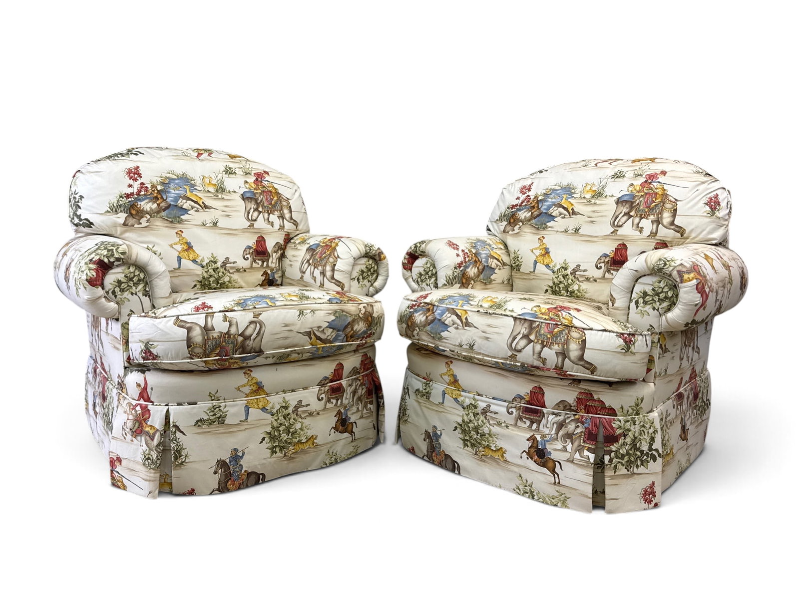 Pair of Chinoiserie-Upholstered Lounge Chairs: A decorator pair of chinoiserie-upholstered swivel lounge chairs by Heirloom by Hickory. 39in tall x 38in wide x 36in deep. | You have additional shipping options, and are not required to use Live Shi