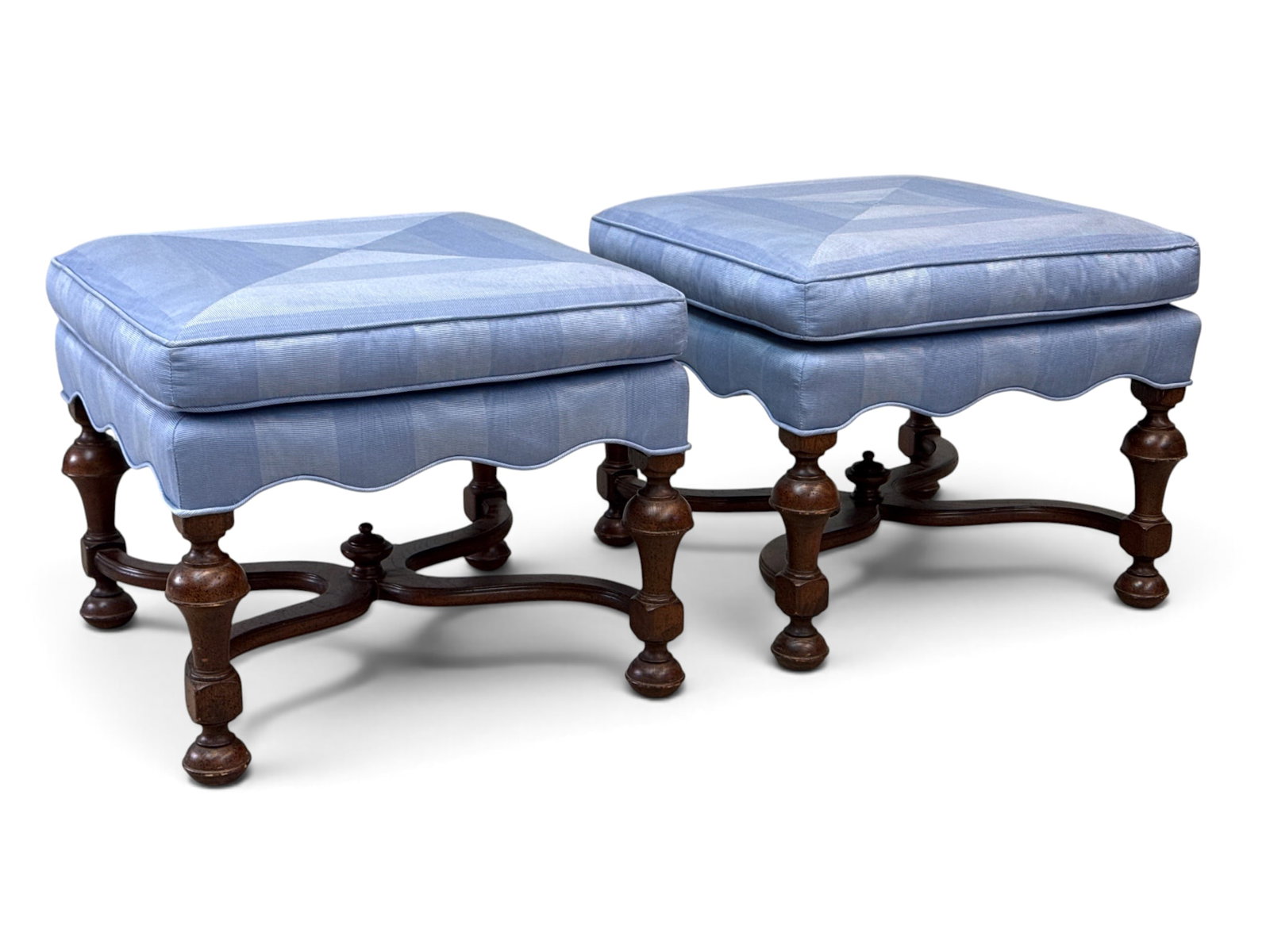 Pair of William & Mary-style Upholstered Stools: A pair of William & Mary-style upholstered stools or ottomans with cross stretcher turned bases. 19in tall x 23in wide. | You have additional shipping options, and are not required to use Live Shippin