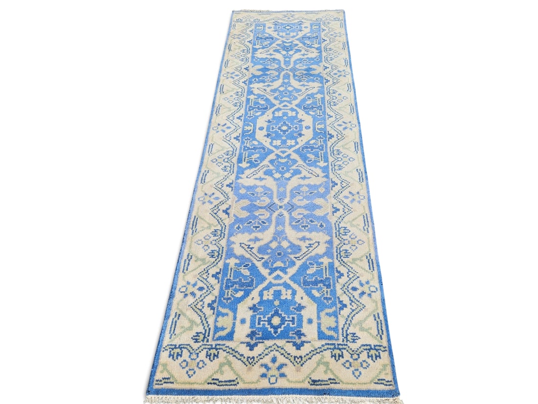 Hand-Knotted Turkish Runner, 8ft 12in x 2ft 7in: A hand-knotted Turkish runner in blue. 8ft 12in x 2ft 7in. | You have additional shipping options, and are not required to use Live Shipping. Additional shipping and delivery details are available on 