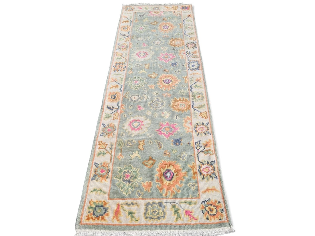 Hand-Knotted Turkish Oushak Runner, 7ft 7in x 2ft 7in: A hand-knotted Turkish Oushak runner with a light blue coloration. 7ft 7in x 2ft 7in. | You have additional shipping options, and are not required to use Live Shipping. Additional shipping and deliver