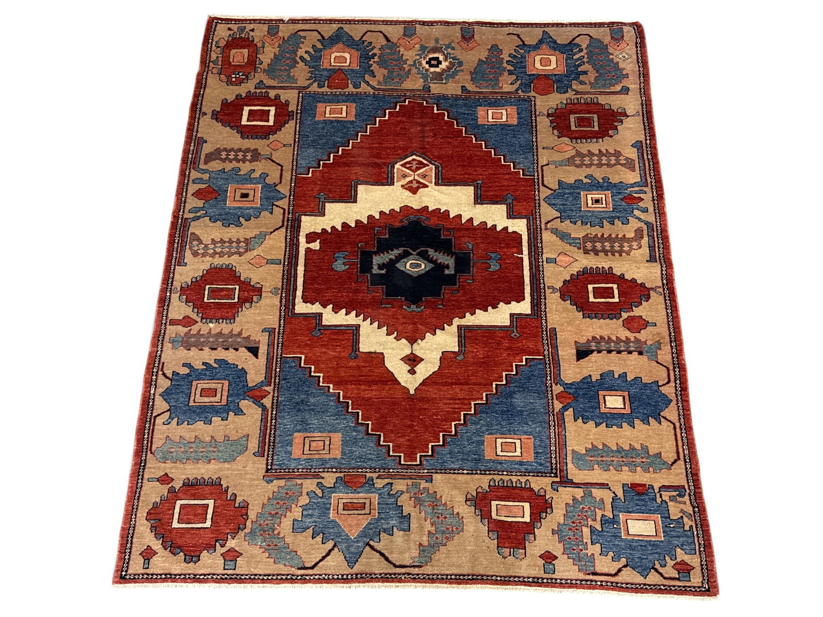 Hand-Knotted Turkish Serapi-style Carpet, 7ft 4in x 6ft: A hand-knotted Turkish Serapi-style area carpet with a shaped geometric medallion design. 7ft 4in x 6ft. | You have additional shipping options, and are not required to use Live Shipping. Additional s