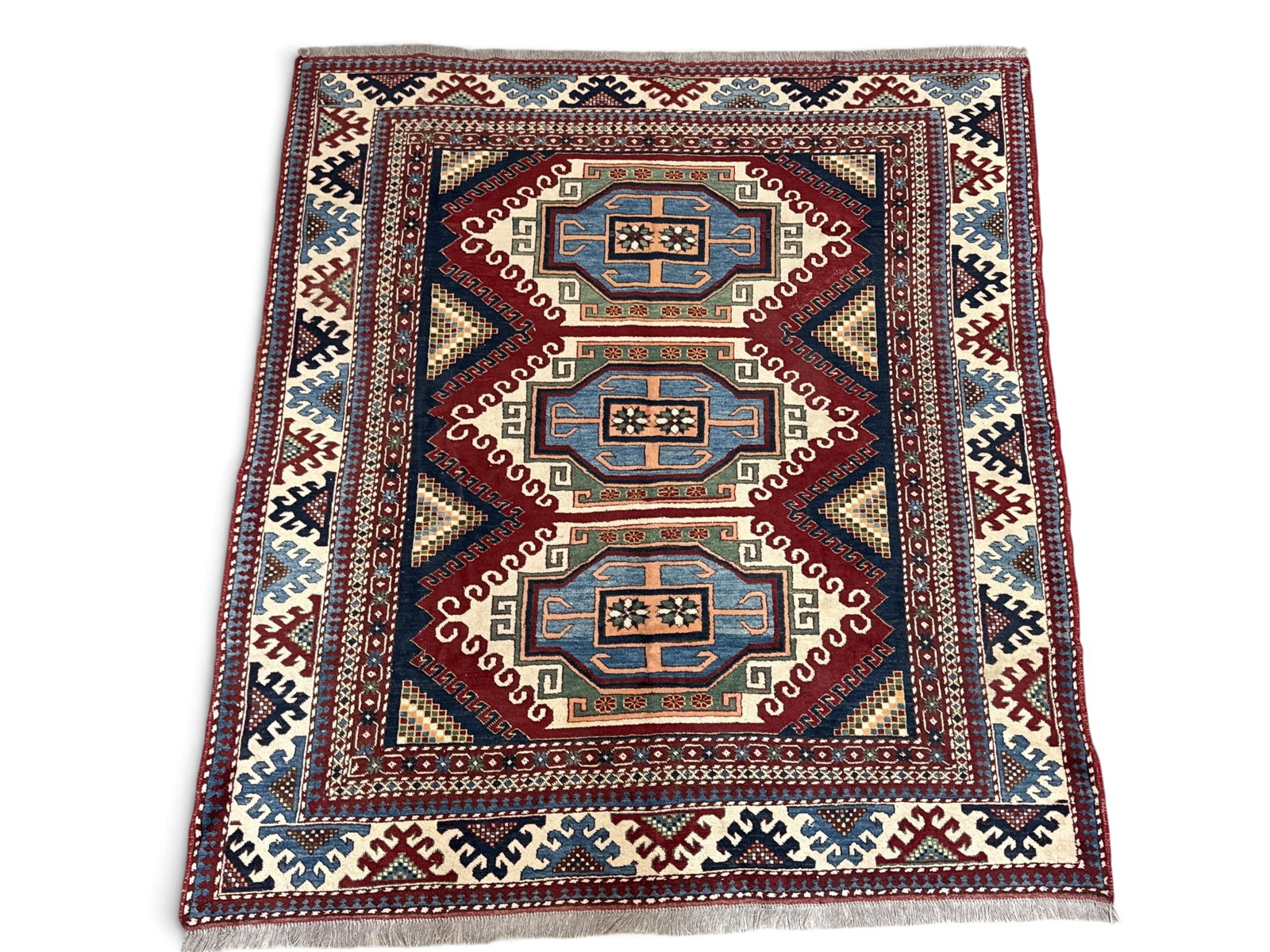 Hand-Knotted Caucasian-style Carpet, 6ft 7in x 5ft 11in: A hand-knotted Caucasian-style area carpet with a triple medallion design. 6ft 7in x 5ft 11in. | You have additional shipping options, and are not required to use Live Shipping. Additional shipping an