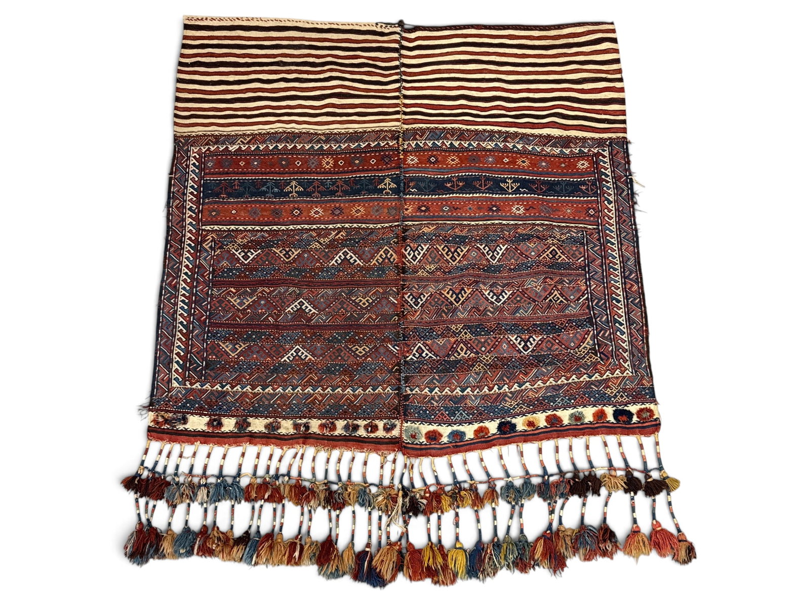Persian Tribal Horse Blanket, 6ft 7in x 5ft 2in: A Persian tribal horse blanket with tassel trim. 6ft 7in x 5ft 2in (including tassels). | You have additional shipping options, and are not required to use Live Shipping. Additional shipping and deliv
