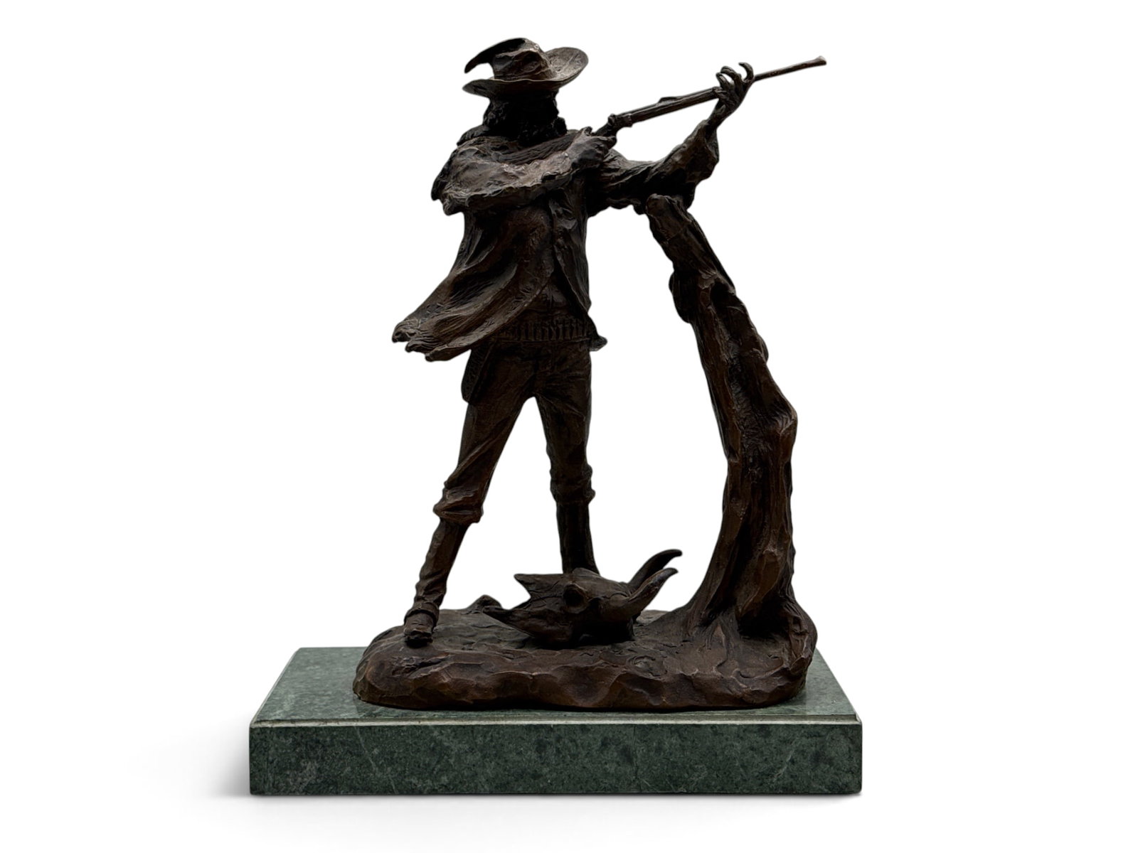 After Charles M. Russell Sculpture. Man with Rifle: An after Charles Marion Russell (American, 1894-1926) patinated bronze sculpture, "Man with Rifle". Signed. 12in tall x 9-1/2in wide x 4-3/4in deep. | You have additional shipping options, and are not