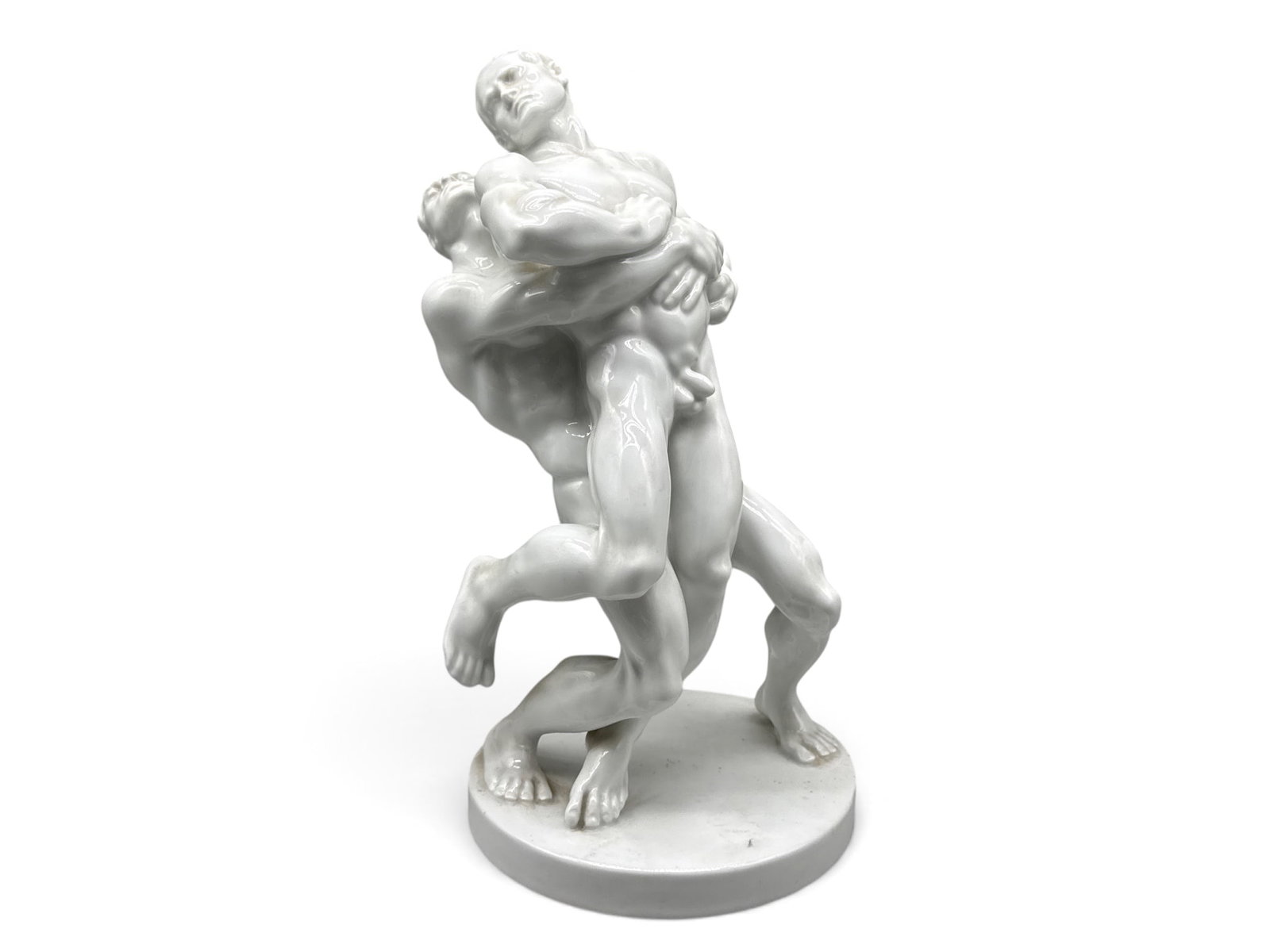 P. Farkas Bela / Herend Porcelain Wrestlers: A P. Farkas Bela for Herend porcelain figure of two nude wrestlers. Commissioned for the 1936 Berlin Olympic Games. Signed and with Herend of Hungary mark on base. Incised 5788. 15in tall x 7in wide. 