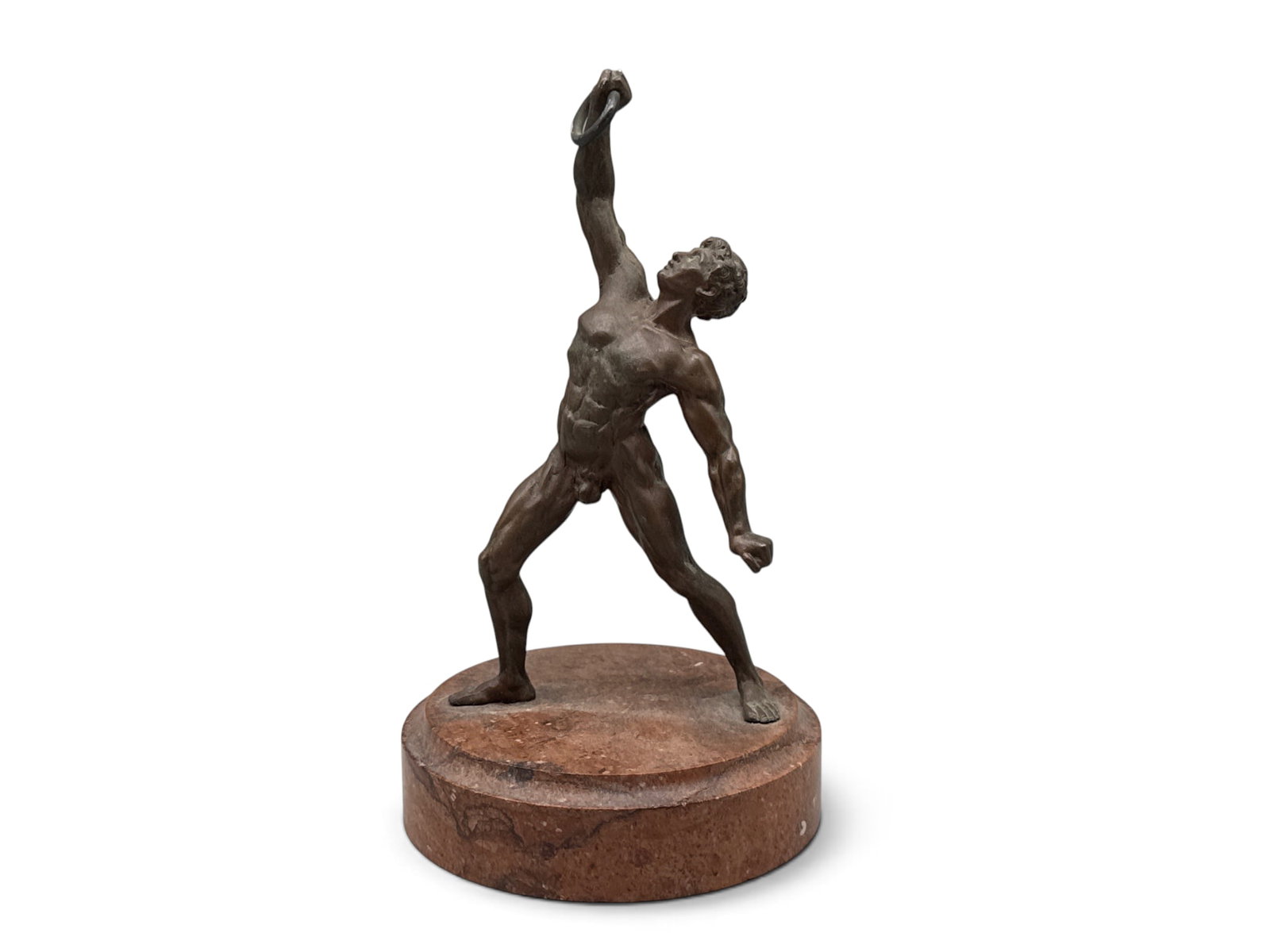 19th C. Bronze and Marble Olympian Figure: A 19th C. bronze figure of a nude Olympian throwing a ring, on a rouge marble plinth. 8in tall x 4in wide. | You have additional shipping options, and are not required to use Live Shipping. Additional