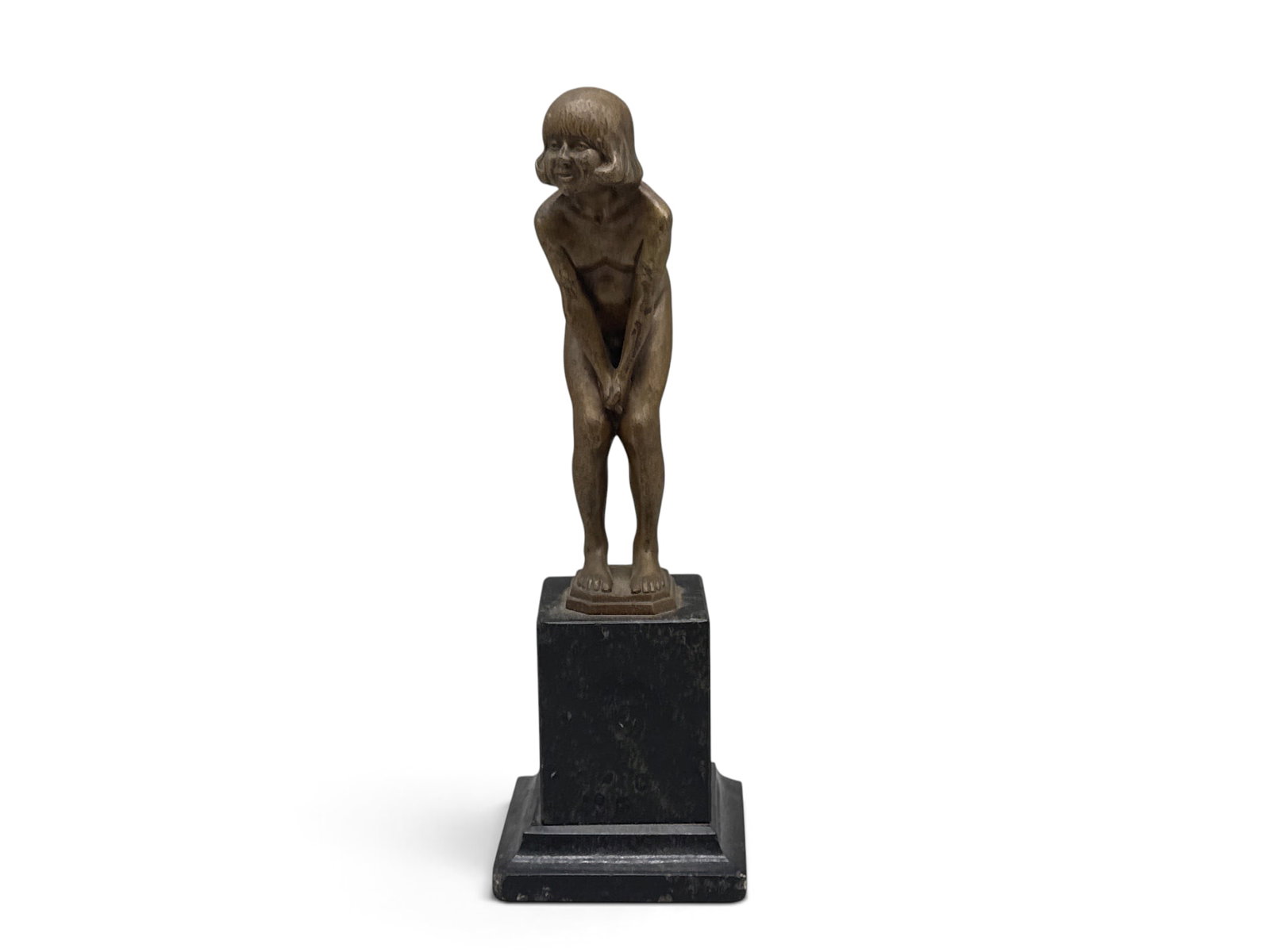Herman Gladenbeck Bronze Figure: Child: Herman Gladenbeck (German, 1827-1918). A diminutive bronze sculpture depicting a crouching young child, mounted on a black marble column. Foundry mark on bronze. 9in tall x 3in wide. | You have additi
