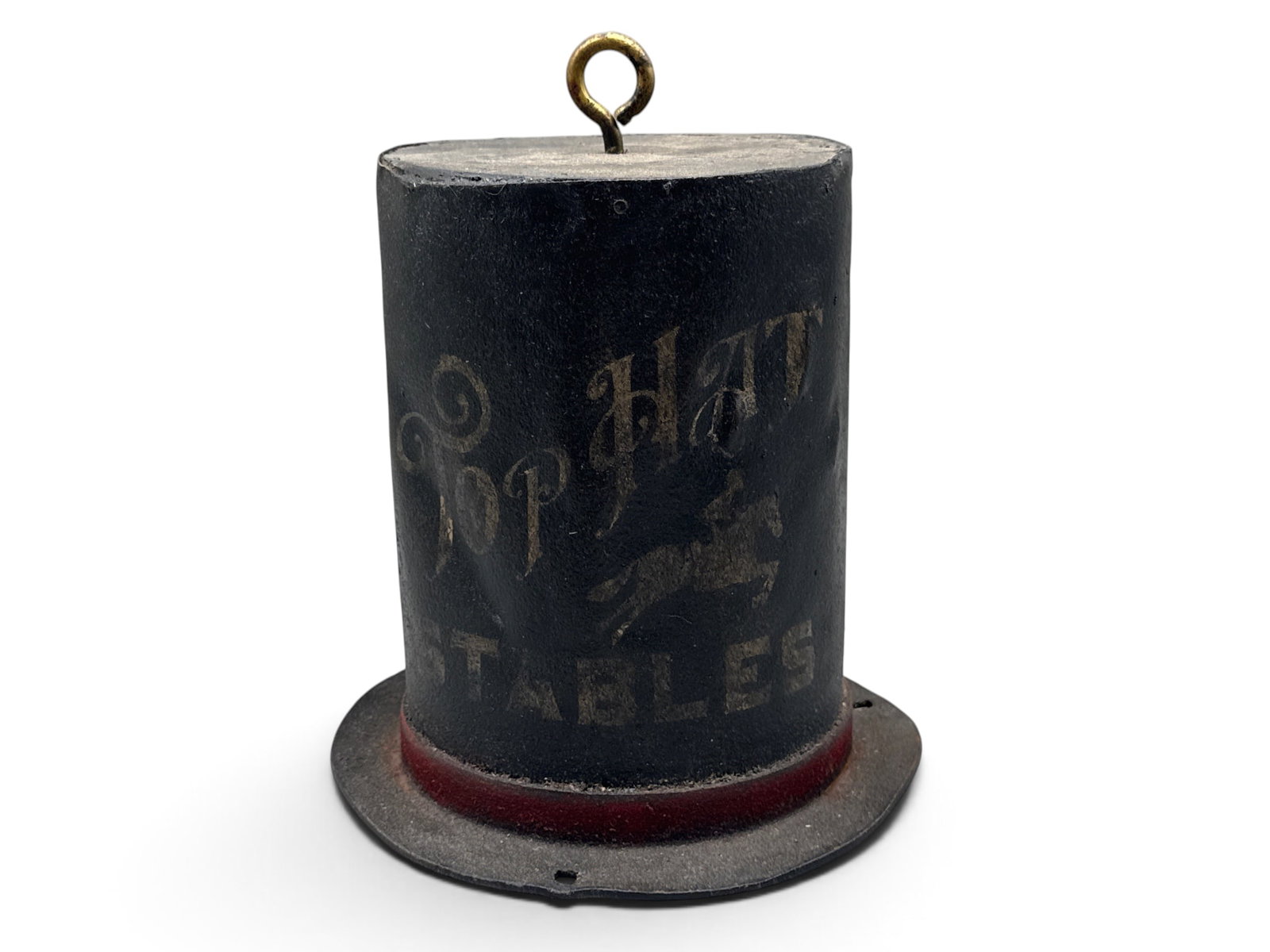 Painted Metal Hat Form Trade Sign: A contemporary painted metal hat-form trade sign marked, "Top Hat Stables" with leaping horse and jockey on one side, and the number "5" verso. 9in tall x 7in wide. | You have additional shipping opti