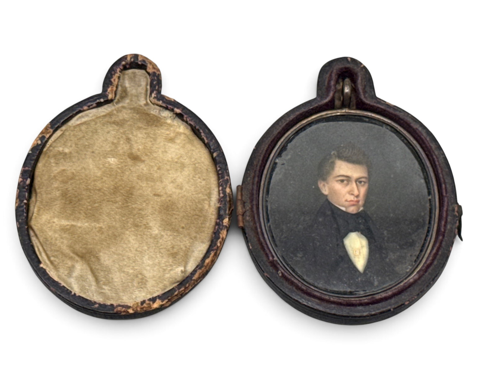19th C. Miniature Oil/Canvas: Portrait of a Gentleman: A gold-plated 19th C. miniature oil on canvas portrait of a gentleman wearing a bow tie. In a fitted, velvet-lined case. 2-1/2in tall x 2in wide. | You have additional shipping options, and are not re