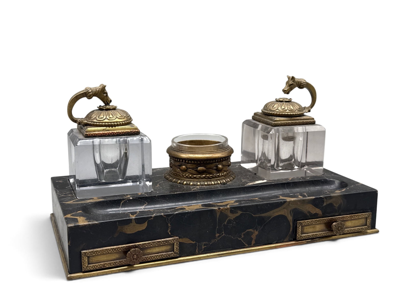 19th C. Marble and Bronze Horse Head Desk Set: A 19th C. black marble desk set with two chased bronze drawers, and glass and bronze inkwells with horse head decoration. 5in tall x 10in wide. | You have additional shipping options, and are not requ