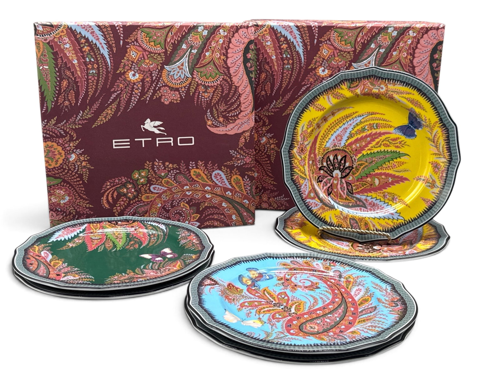 Six Richard Ginori Etro 1735 Butterfly Plates: Six Richard Ginori for Etro 1735 "Boho Butterfly" paisley decorated plates with vibrant hues and scalloped edges. Marked Richard Ginori verso. Includes two Etro boxes. Plates: 8in diameter. | You have