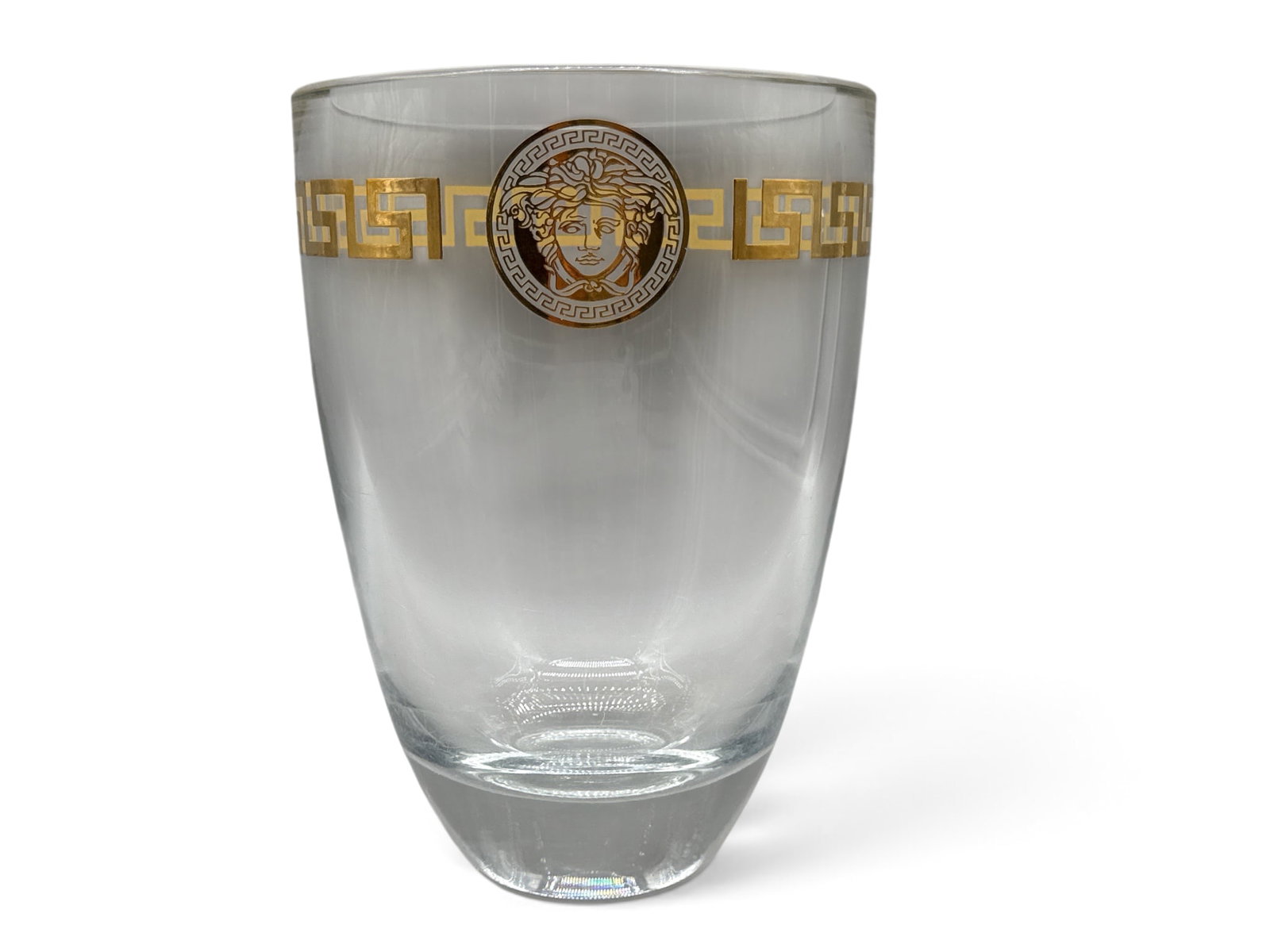 Versace Rosenthal Crystal Medusa Vase: A Versace Rosenthal crystal vase with gilt Medusa head flanked by Greek, key scroll border. 9-1/2in tall x 7in wide. | You have additional shipping options, and are not required to use Live Shipping. 