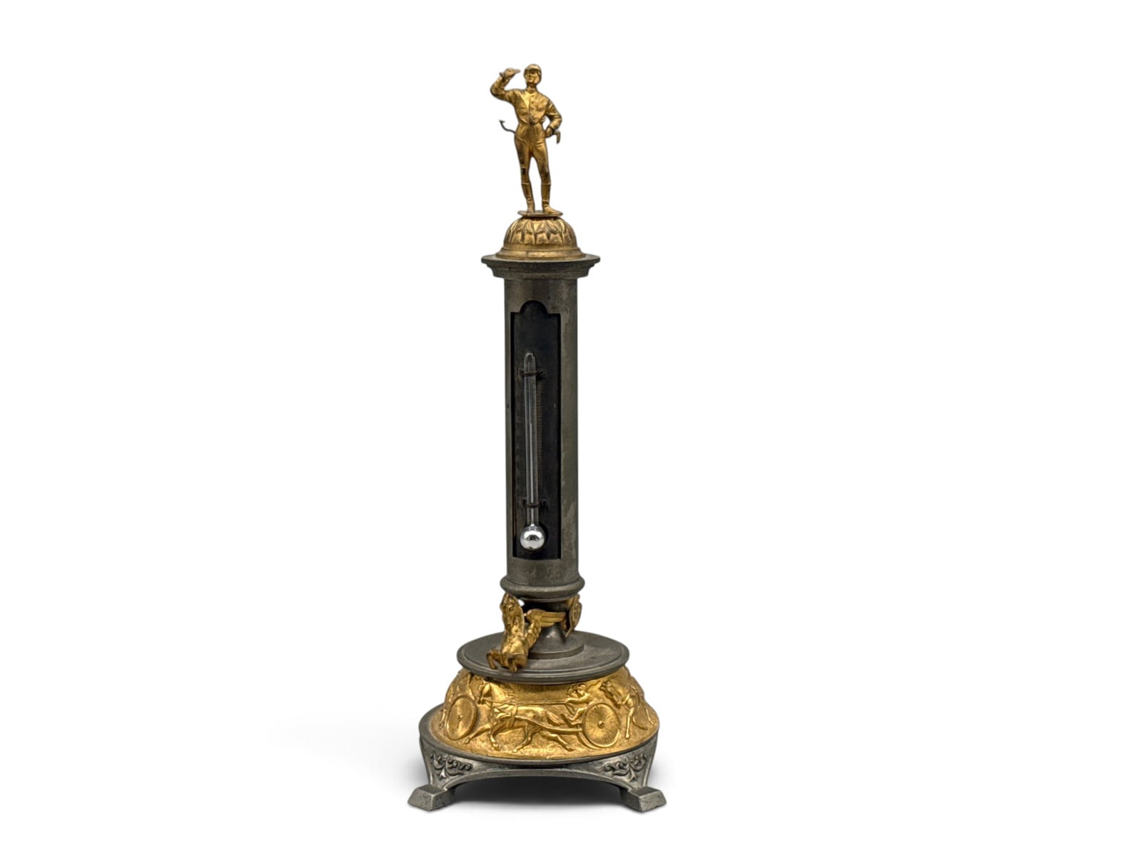 Neoclassical Grand Tour Figural Desk Thermometer: A Neoclassical Grand Tour desk thermometer with winged horses flanking the mercury thermometer, topped with an explorer figure and terminating in a footed vase with gilt-decorated equestrian theme. 10