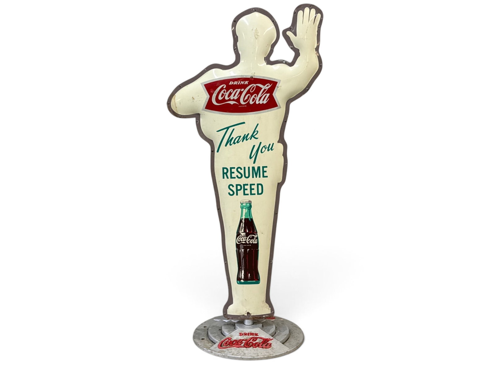 Coca-Cola Slow School Zone Crossing Guard Sign: A circa 1950s double-sided Coca-Cola crossing guard sign featuring an embossed cast iron base. 64in tall x 21-1/2in wide. | You have additional shipping options, and are not required to use Live Shipp